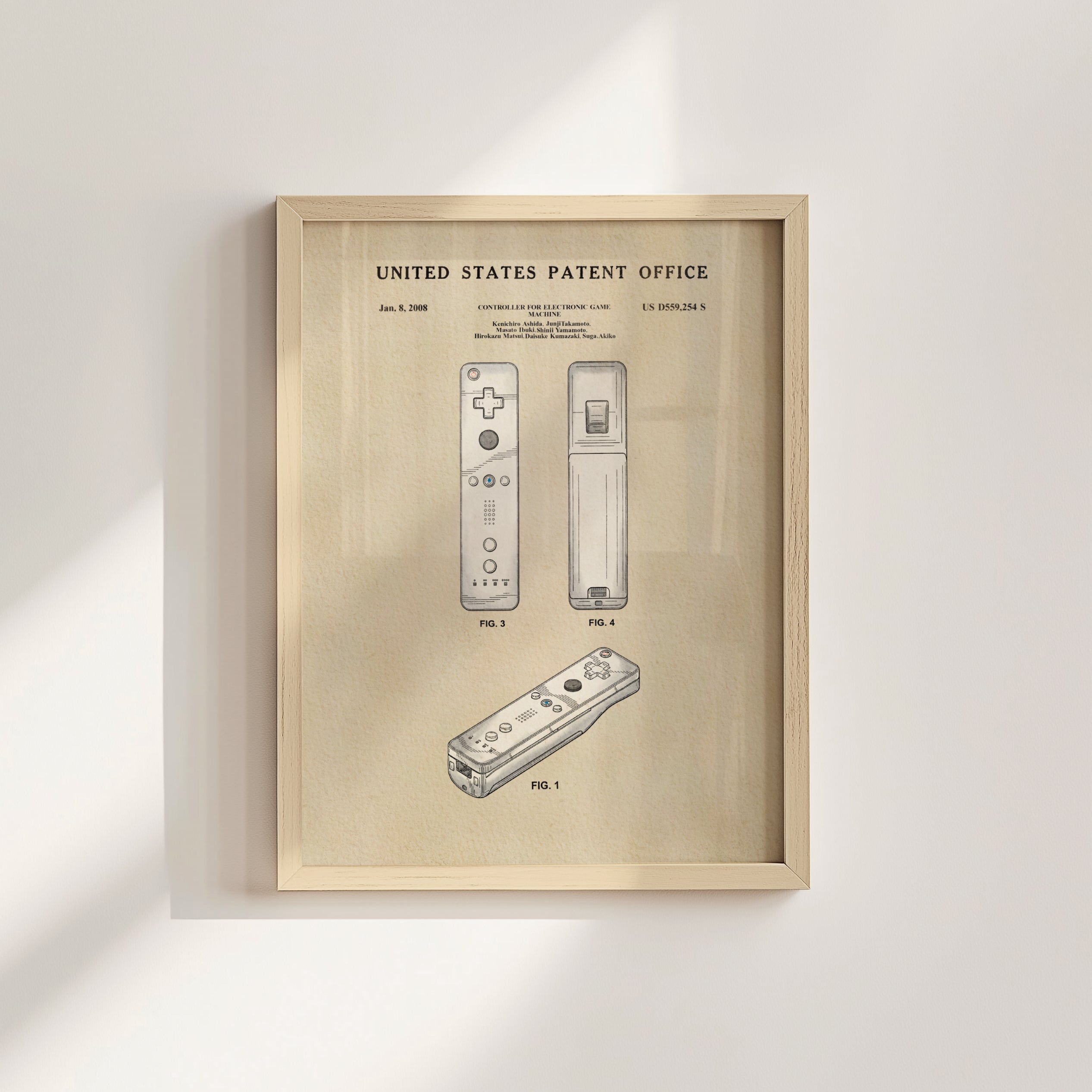 The image is a framed patent drawing of a Wii remote, depicting the design and features of the Wii remote in the United States Patent Office.