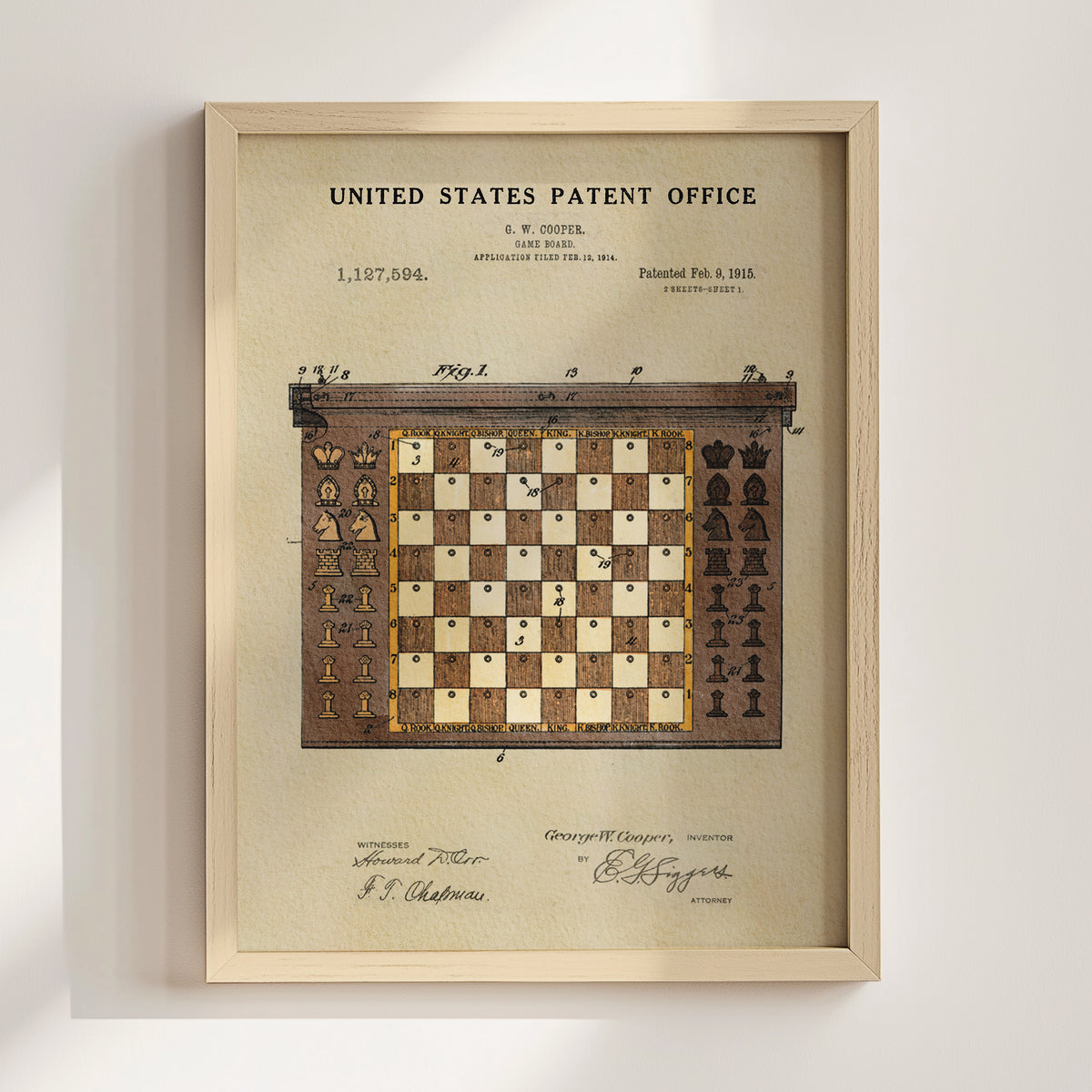 The image is a framed print of a chess board with a patent drawing from 1884, depicting a chess game.