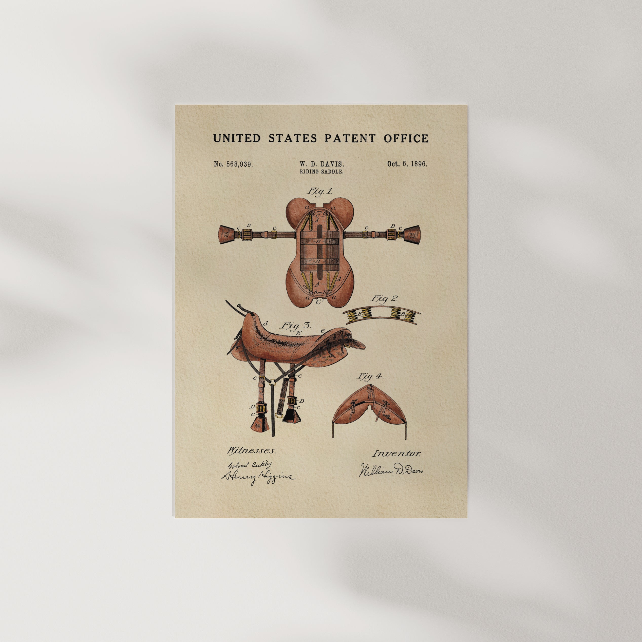 The image is a vintage patent drawing of a saddle, featuring detailed illustrations and annotations.