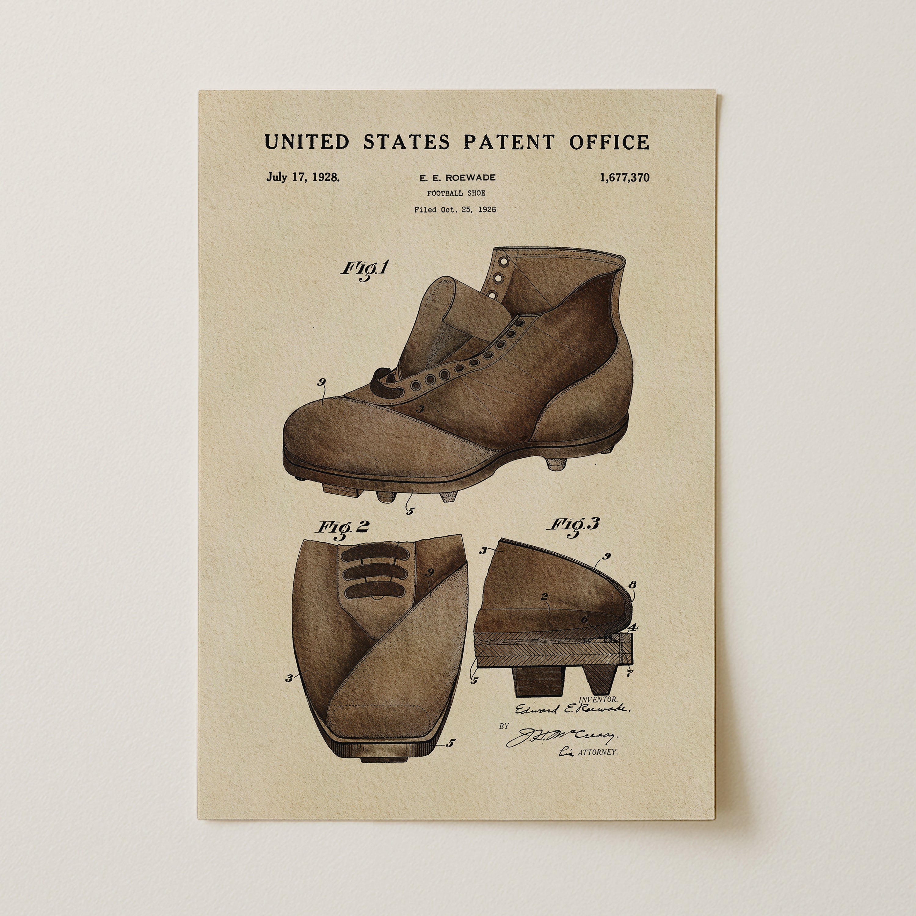 The image is a patent drawing of a baseball cleat from the United States Patent Office, dated July 17, 1928.