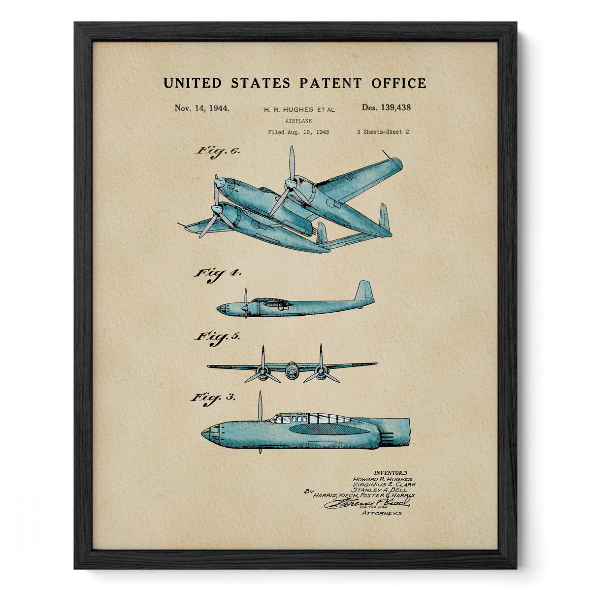 The image is a framed print of a United States patent from Nov. 14, 1944, depicting an aircraft design.