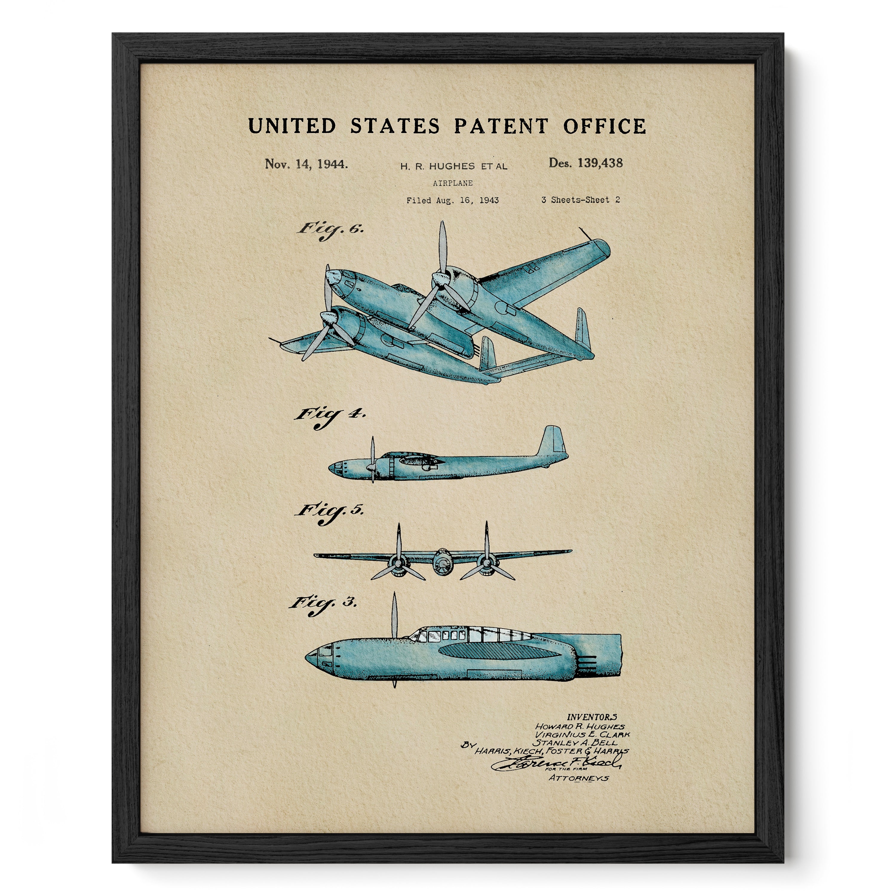 The image is a framed print of a United States patent from Nov. 14, 1944, depicting an aircraft design.