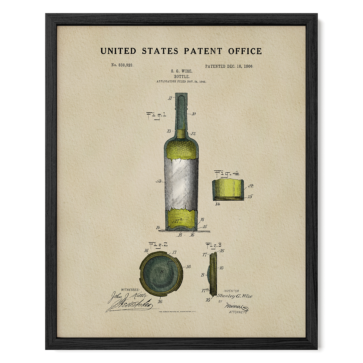The image is a framed patent drawing depicting a wine bottle, with detailed technical drawings and labels.