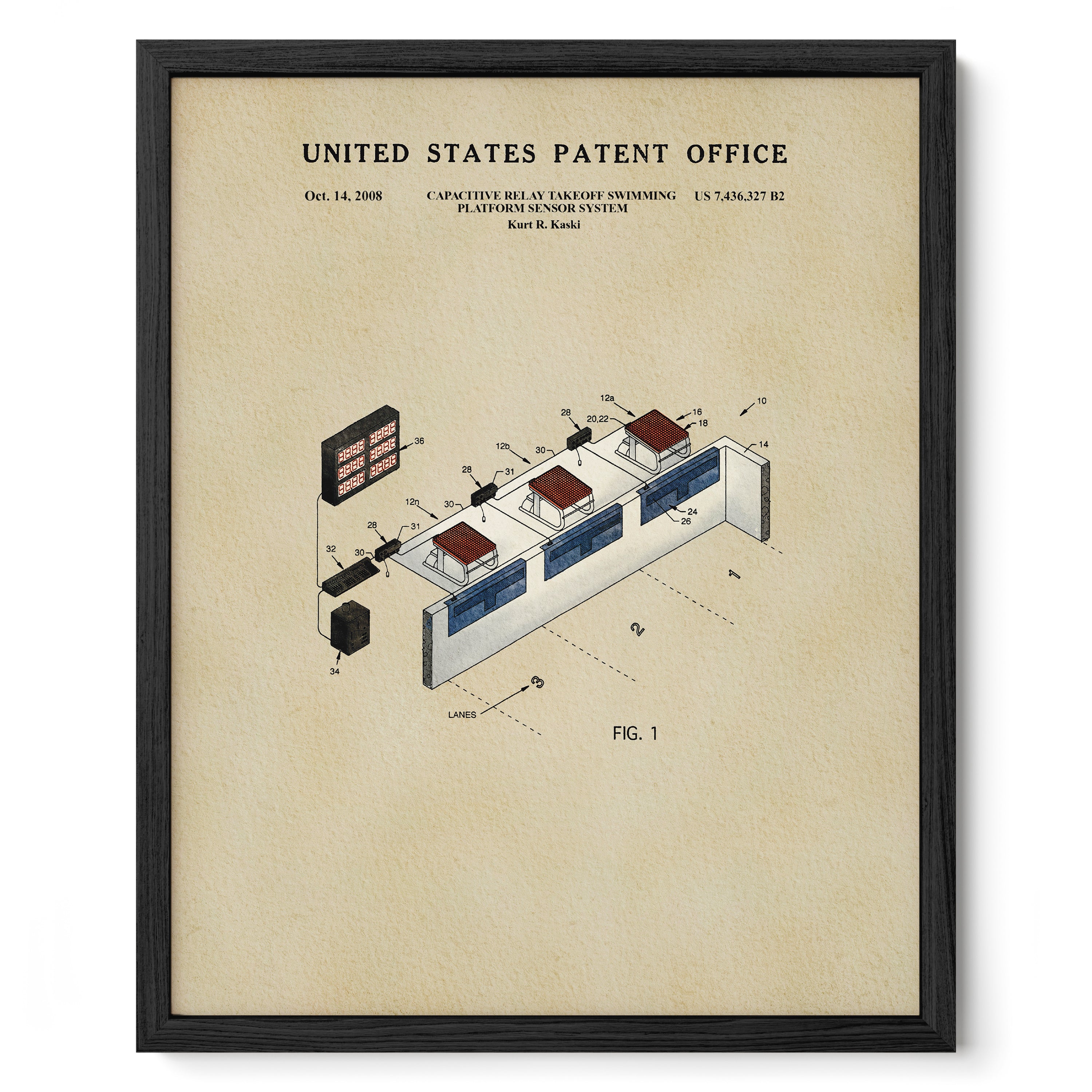 The image is a framed patent drawing depicting a device with multiple components, including a control panel and a display screen.