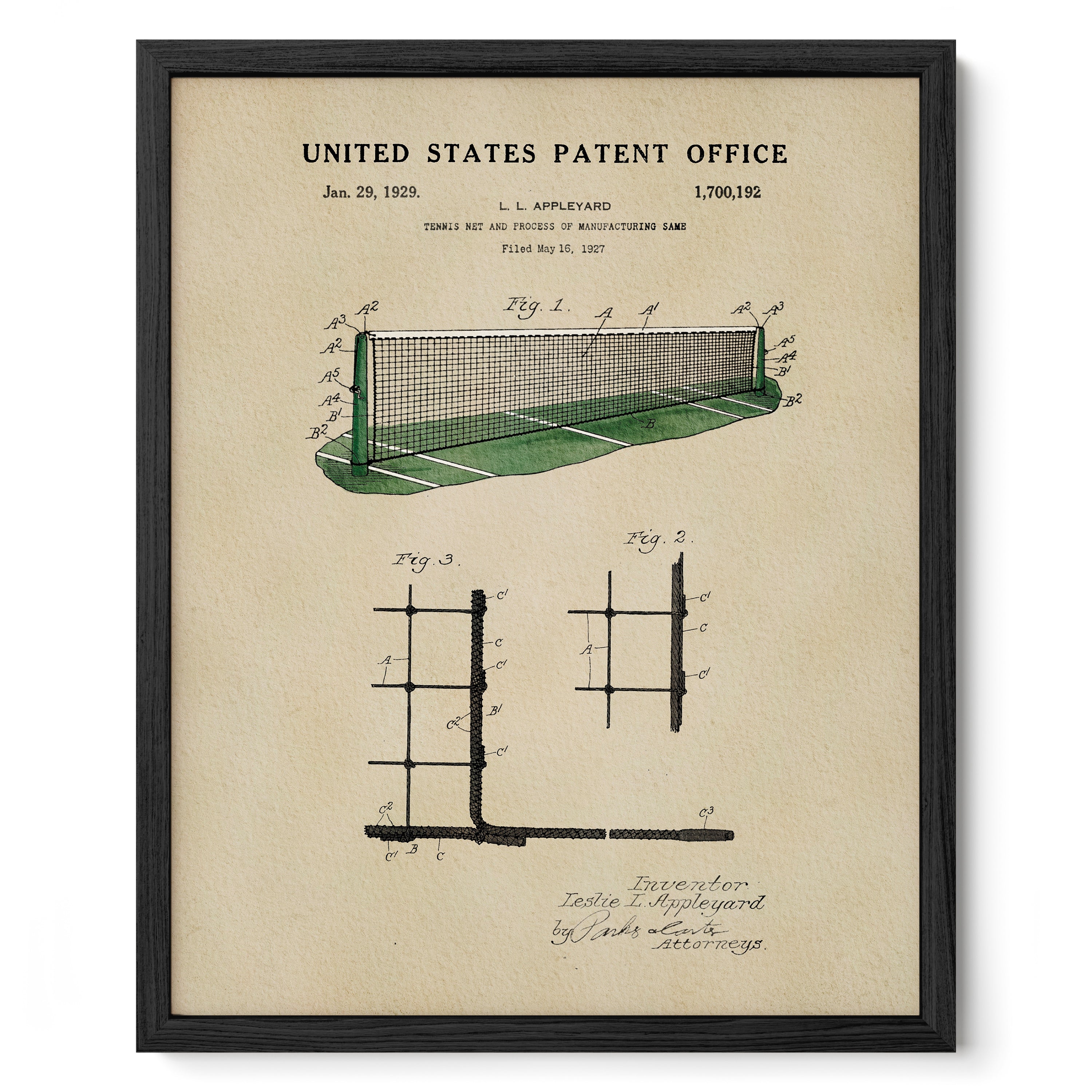 The image is a framed patent drawing from the United States Patent Office, depicting a tennis net and court.