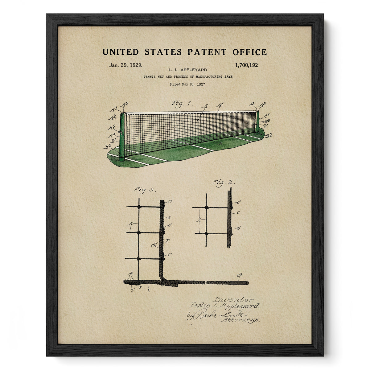 The image is a framed patent drawing from the United States Patent Office, depicting a tennis net and court.