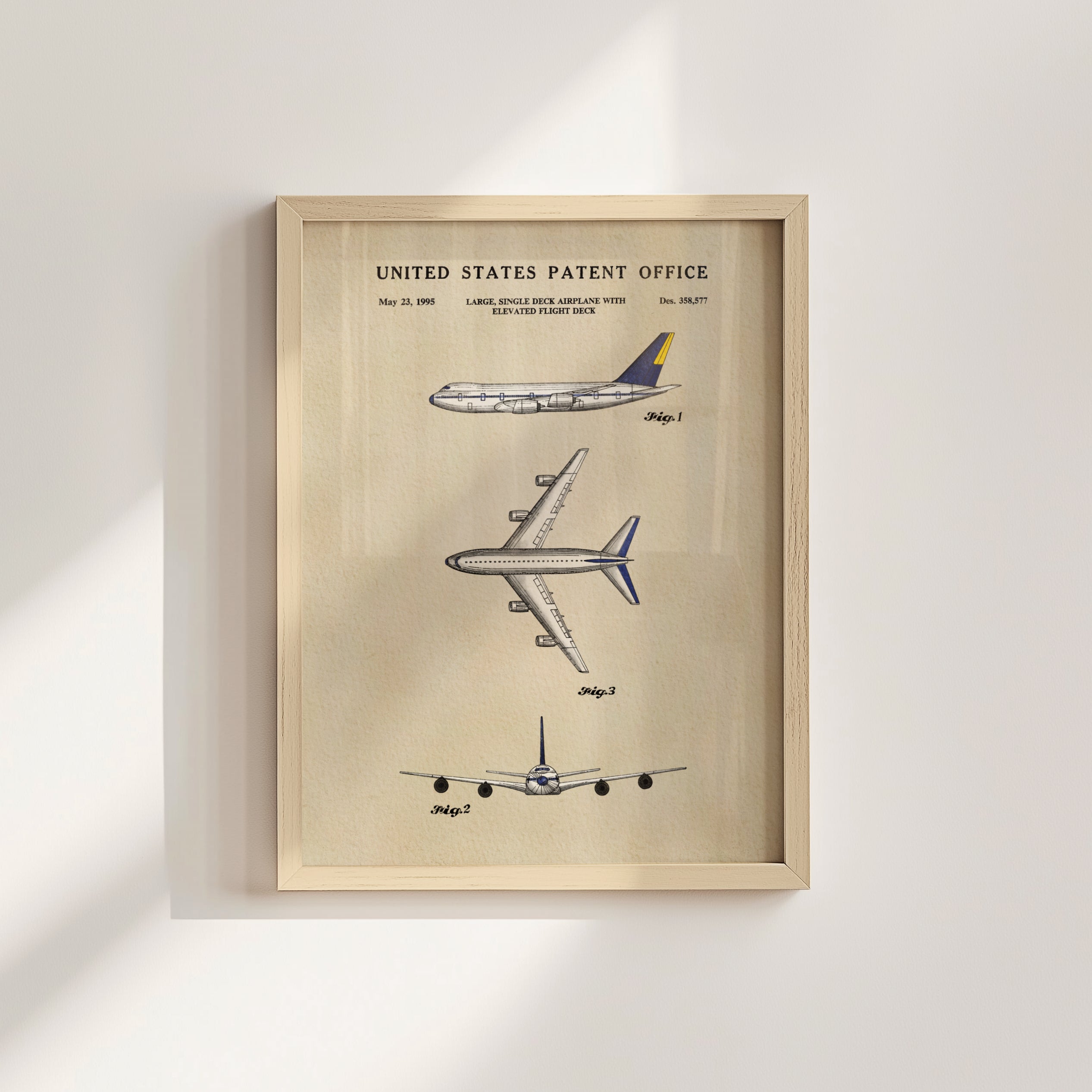 The image is a framed patent drawing depicting three different airplanes, including a large single-aisle airplane and two smaller single-aisle airplanes.