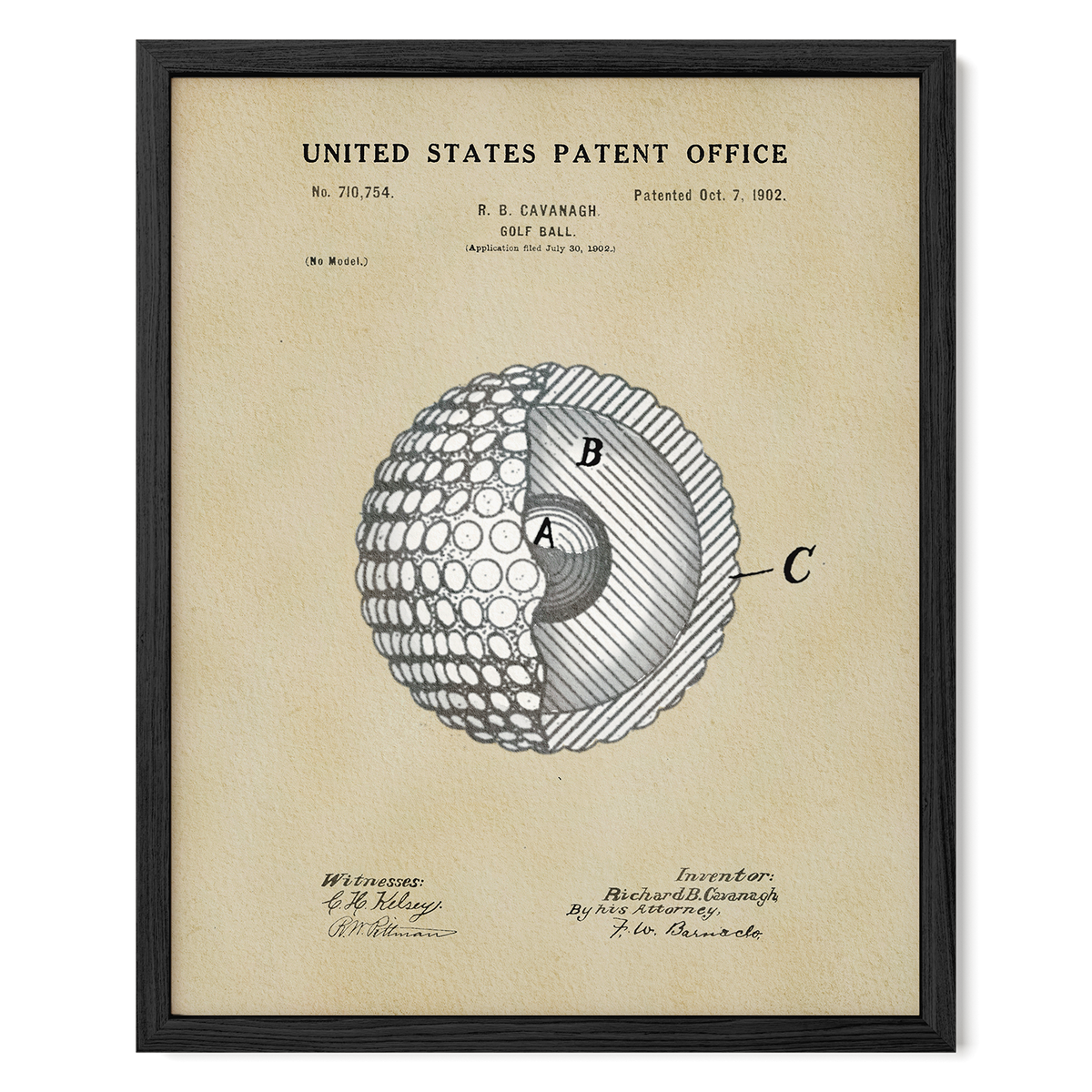 The image is a framed patent drawing of a golf ball, depicting the inside of the ball with a cross-section view.