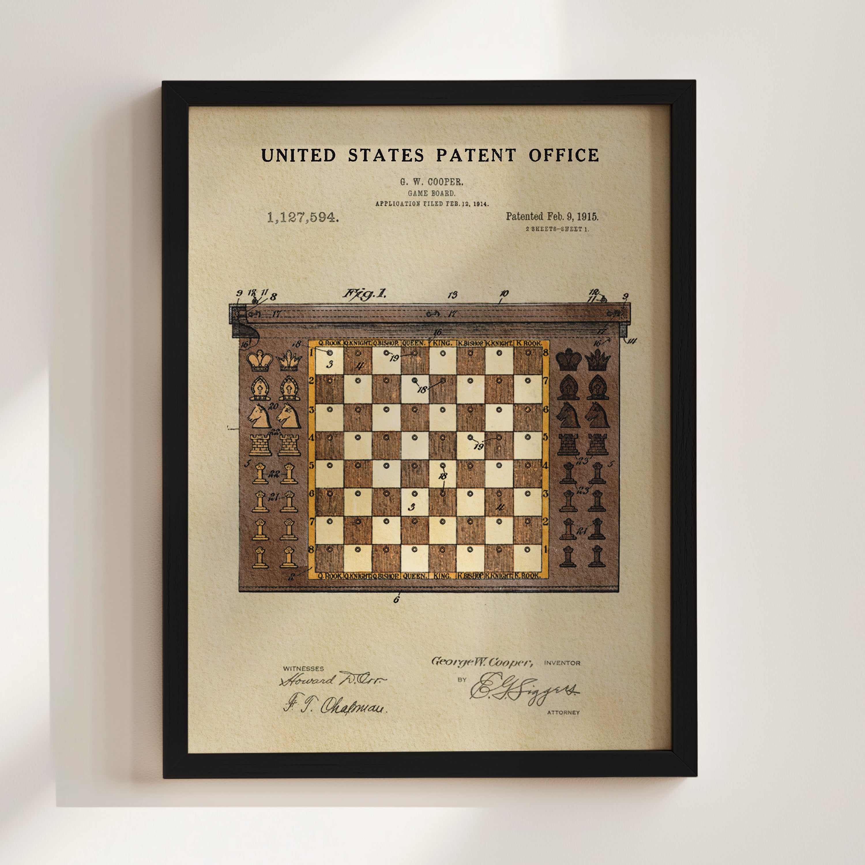 The image is a framed print of a chess game patent from the United States Patent Office, featuring a detailed illustration of a chess board and pieces.