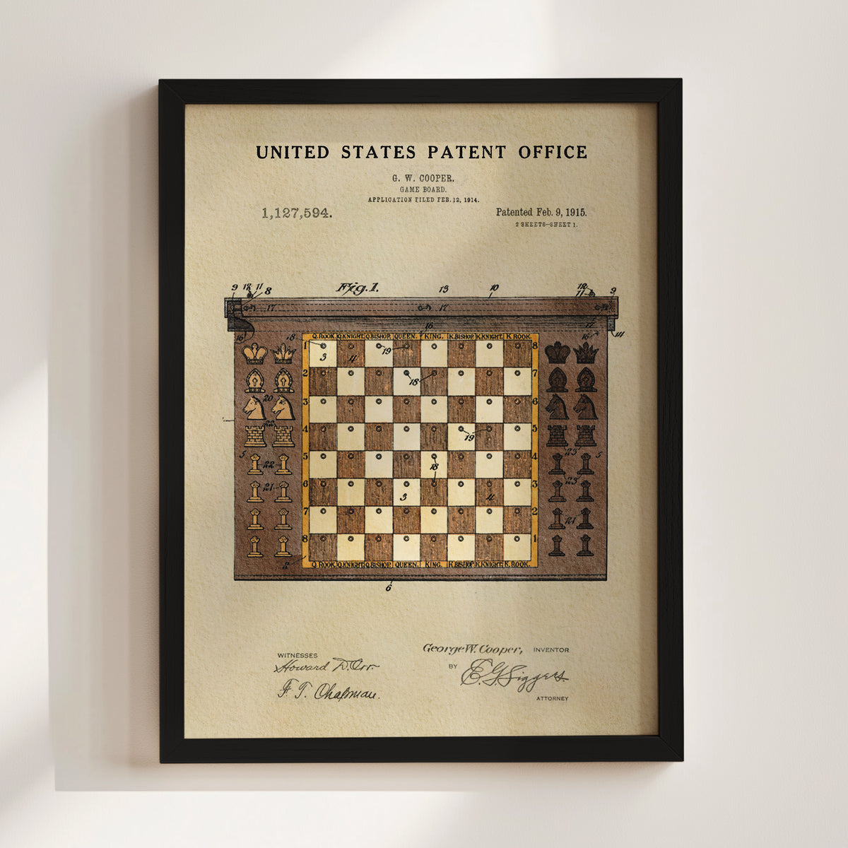 The image is a framed print of a chess game patent from the United States Patent Office, featuring a detailed illustration of a chess board and pieces.