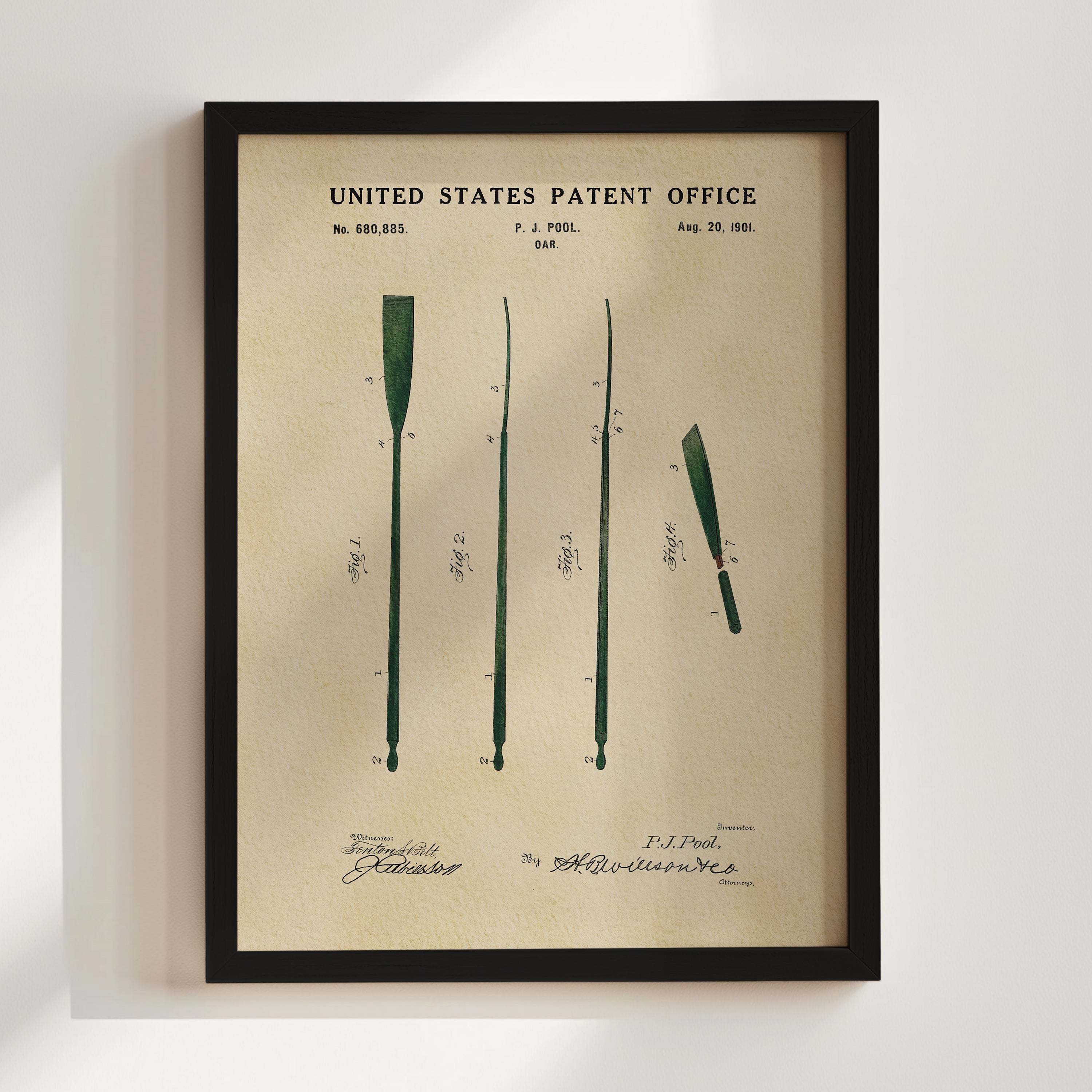 The image is a framed print of a United States patent office patent drawing, depicting a paddle and a paddle blade.