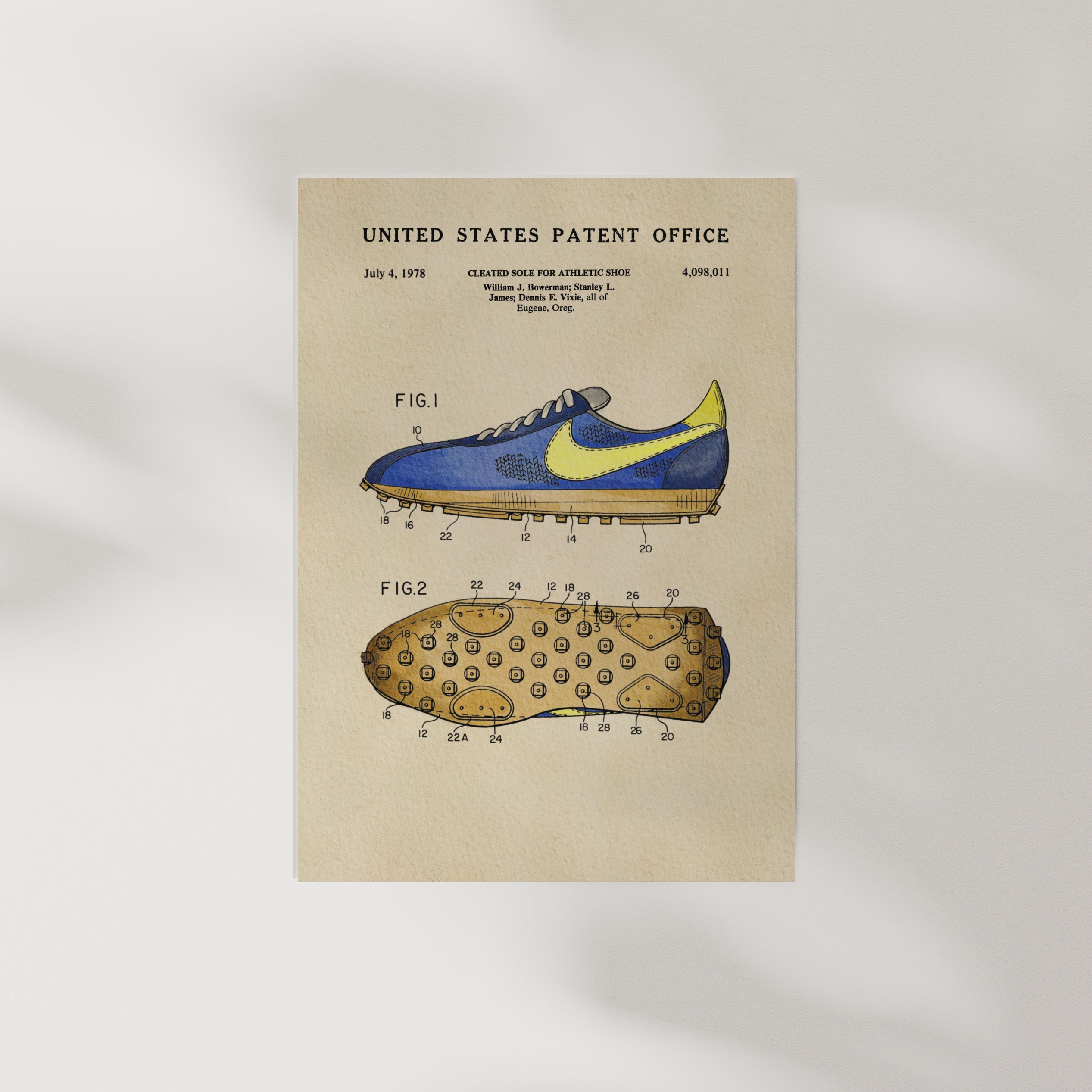 The image is a printed page from the United States Patent Office, featuring a blue and yellow sneaker design with detailed technical drawings and labels.