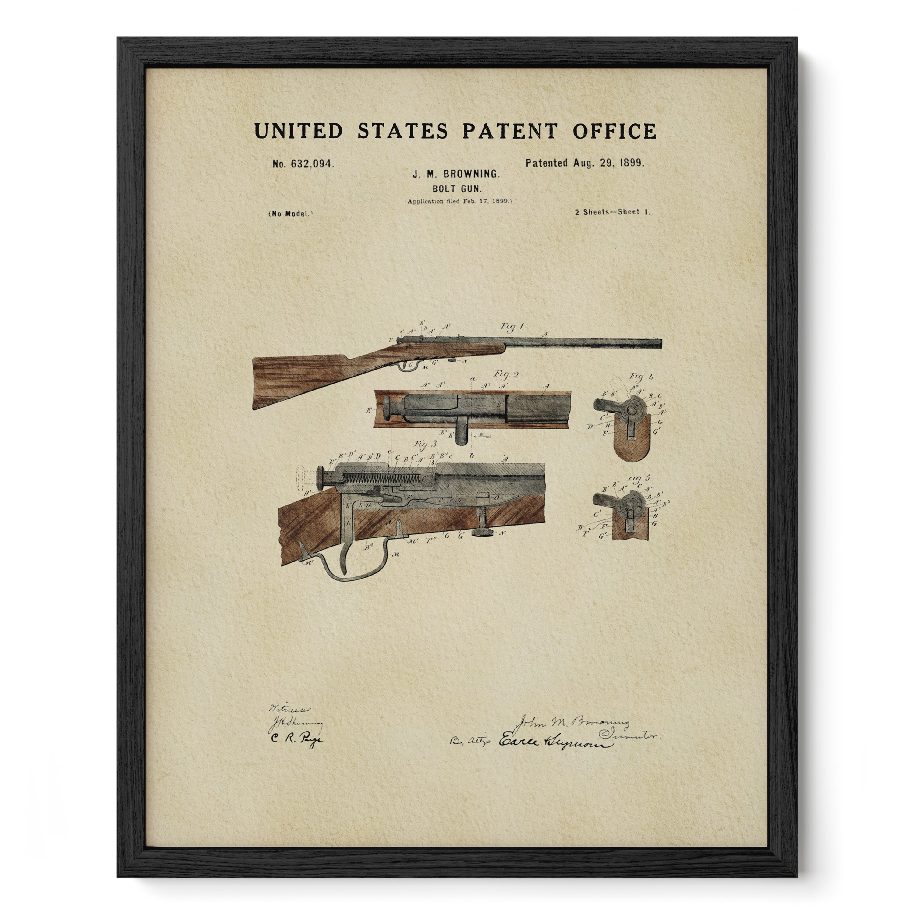 The image is a framed print of a United States patent from August 29, 1899, depicting a rifle.