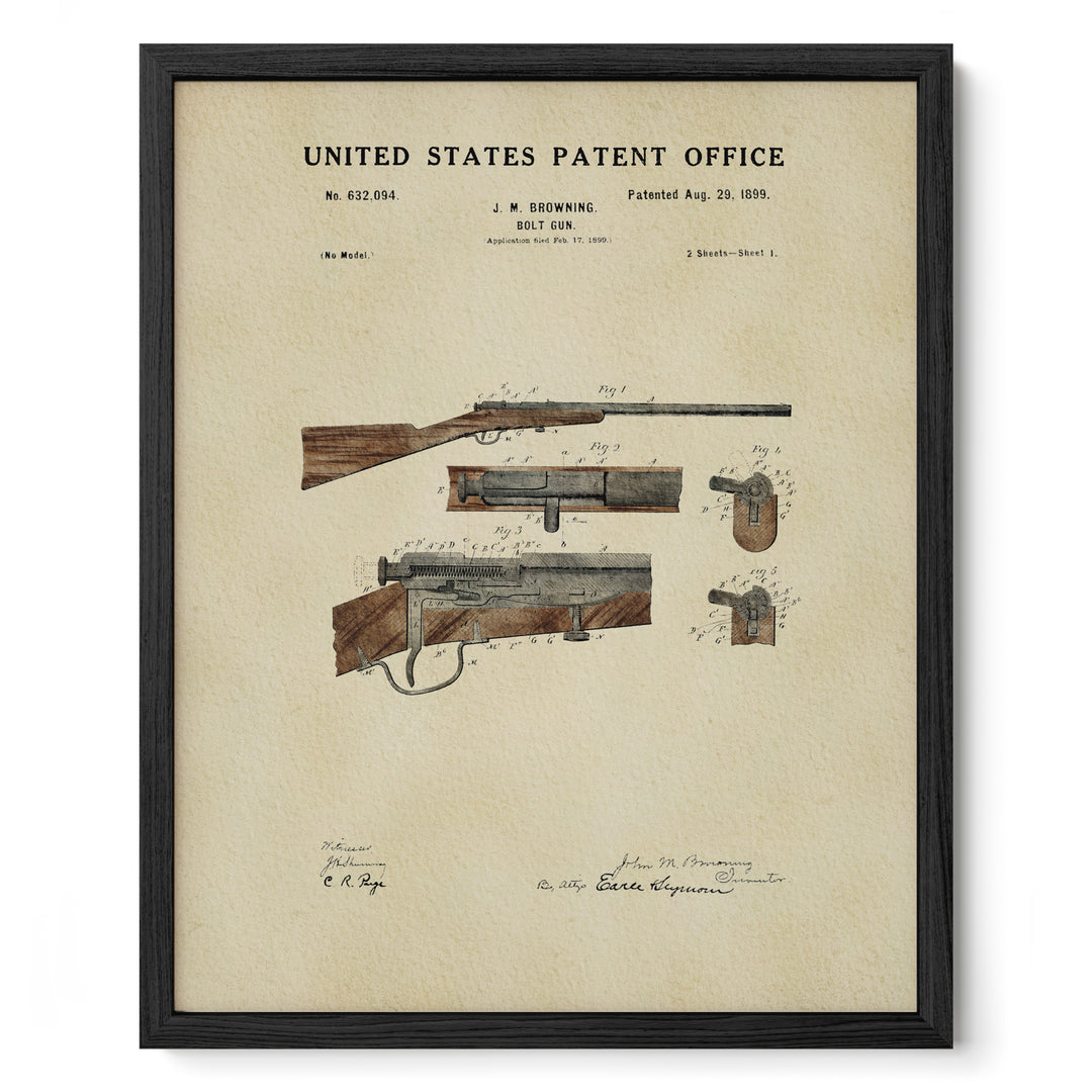 The image is a framed print of a United States patent from August 29, 1899, depicting a rifle.