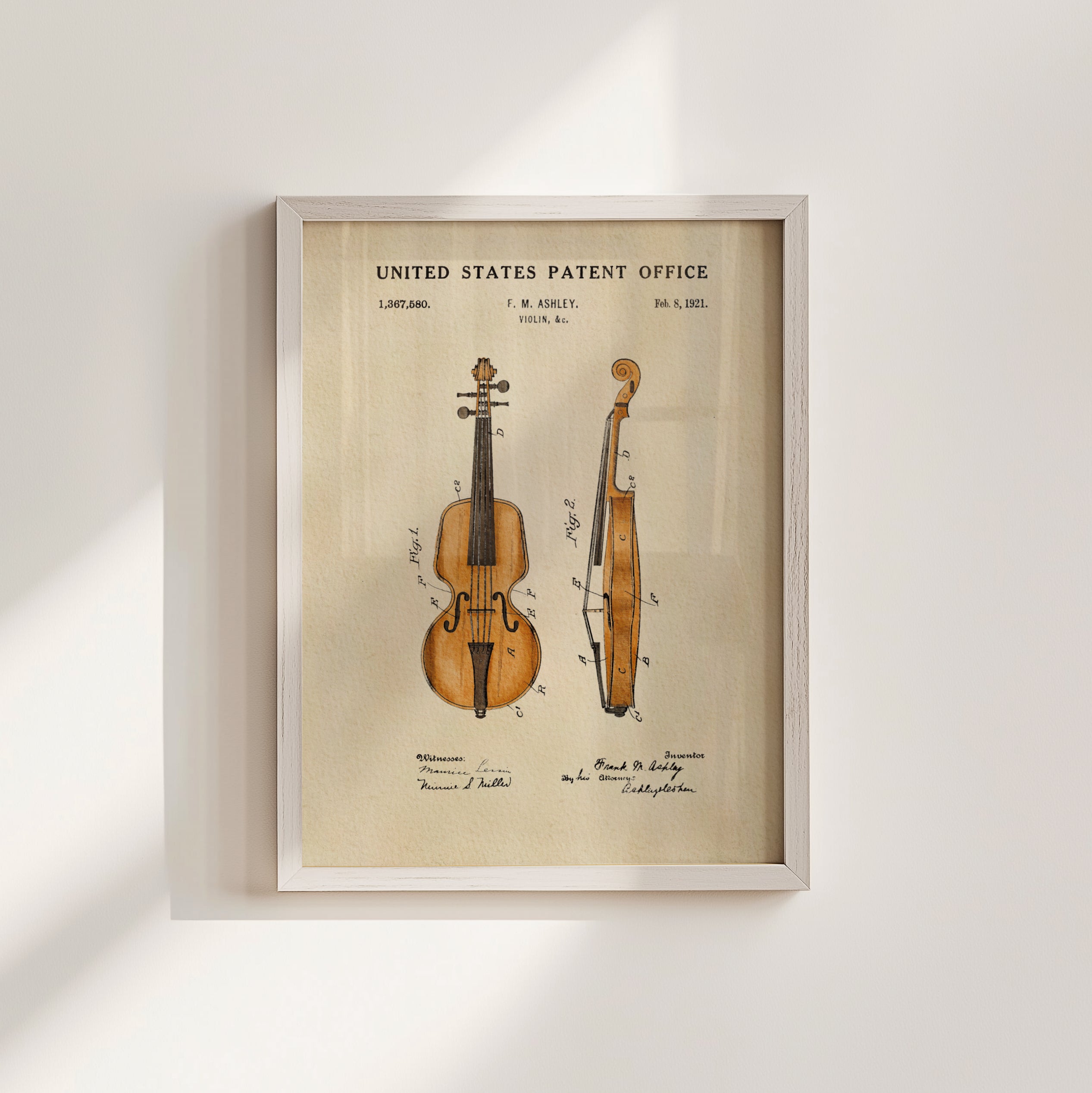 The image is a framed patent drawing of a violin, depicting the instrument in two views.