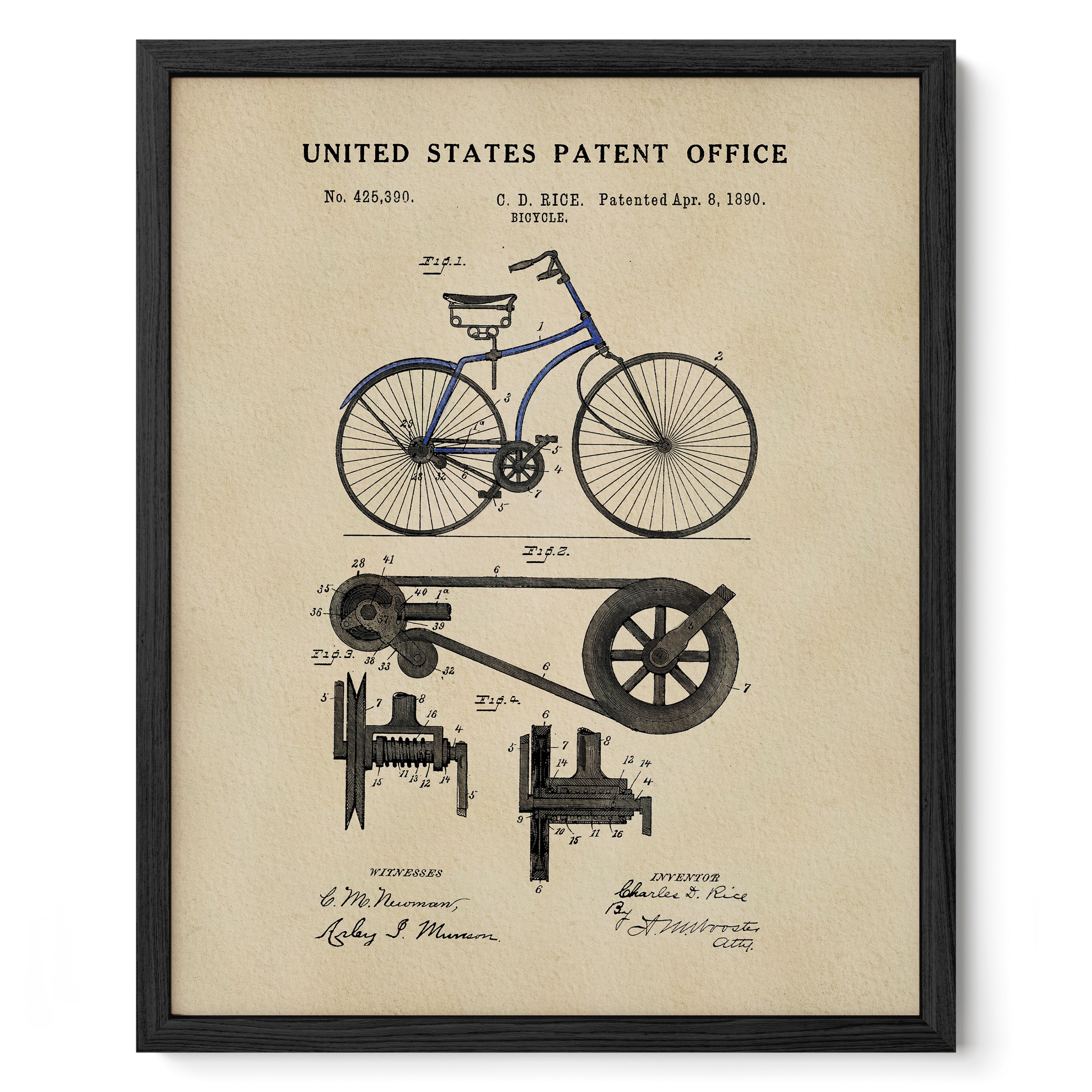The image is a framed patent drawing of a bicycle, depicting the design and features of the bicycle.