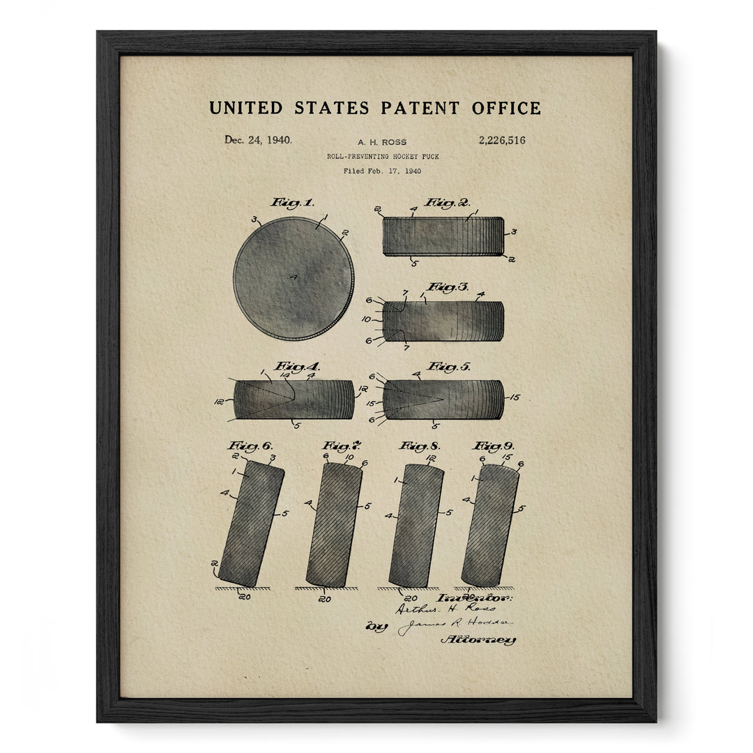 The image is a framed patent drawing from the United States Patent Office, depicting a hockey stick with various technical drawings and specifications.