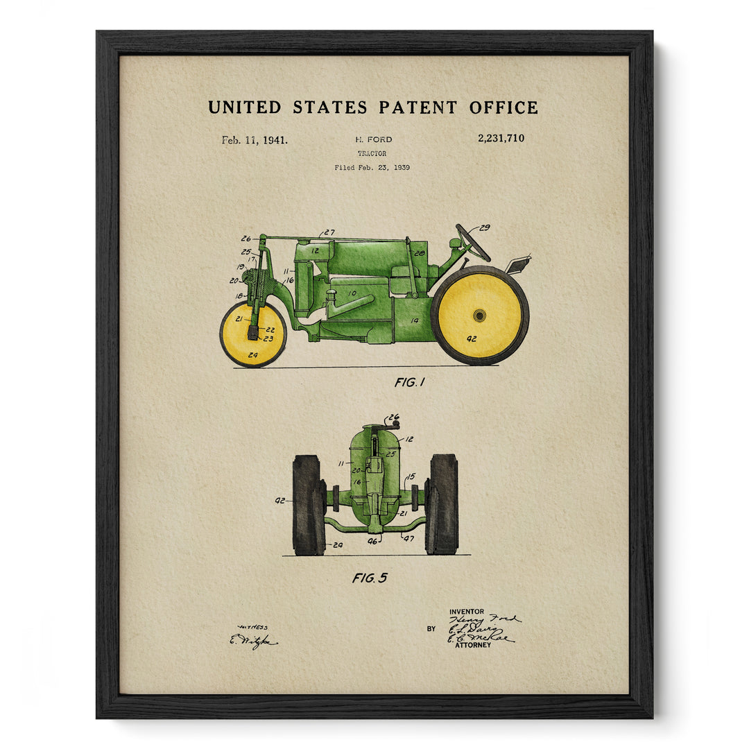 The image is a framed patent drawing of a tractor, depicting its design and features.