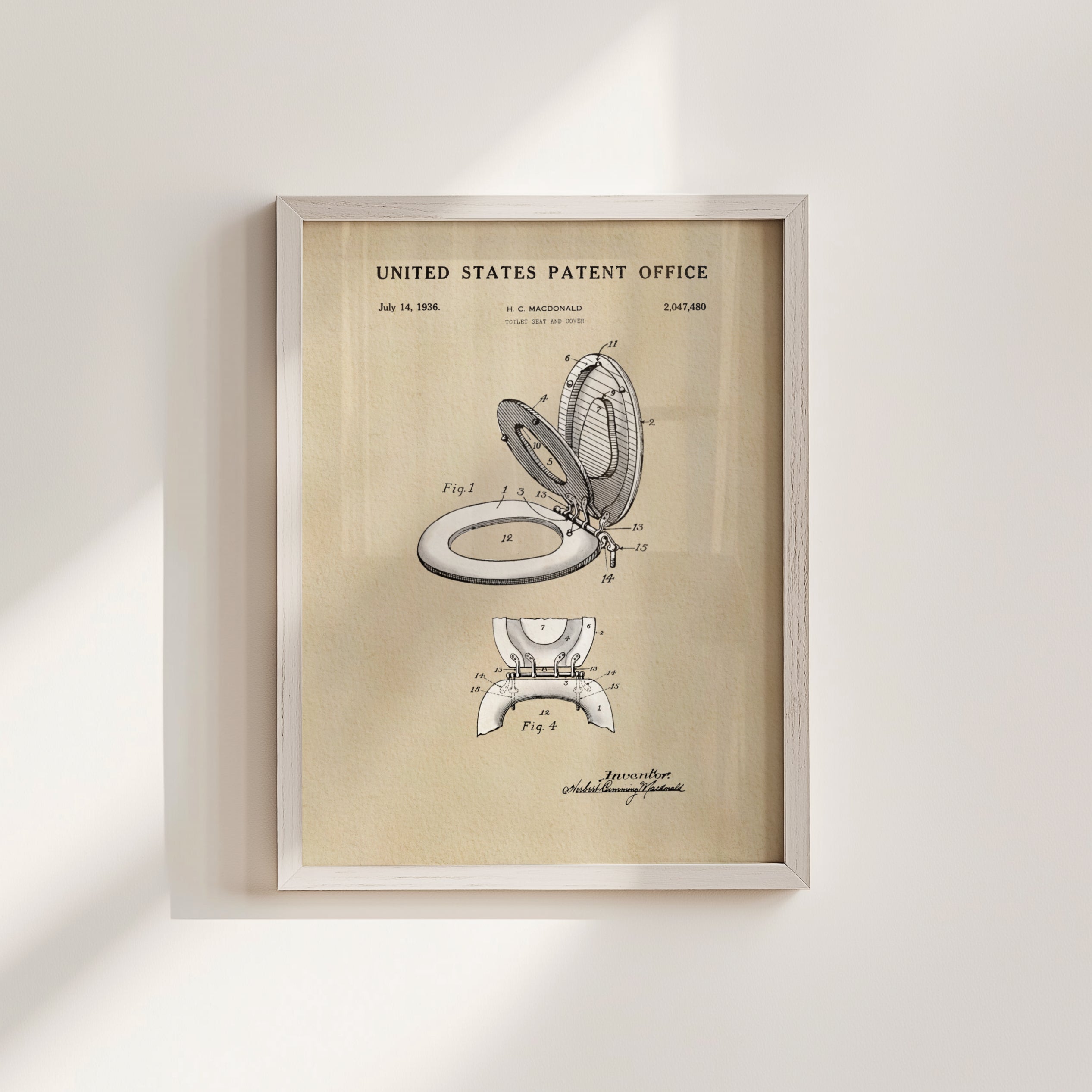 The image is a framed patent drawing of a toilet, depicting the design and features of the toilet in a technical drawing style.