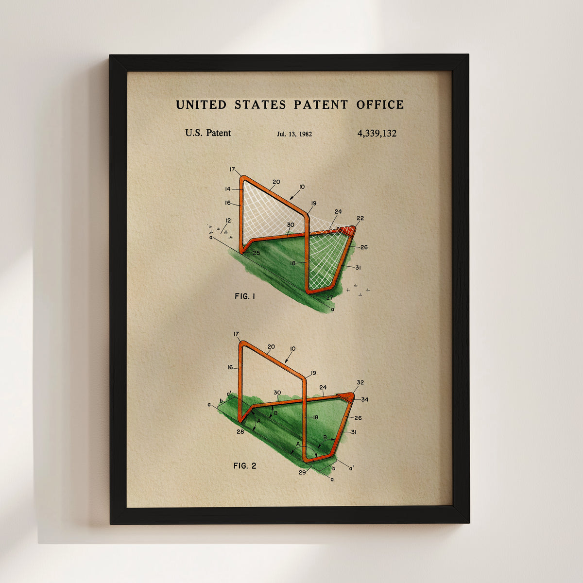 The image is a framed print of a U.S. patent office patent from 1982, featuring a technical drawing of a soccer goal.