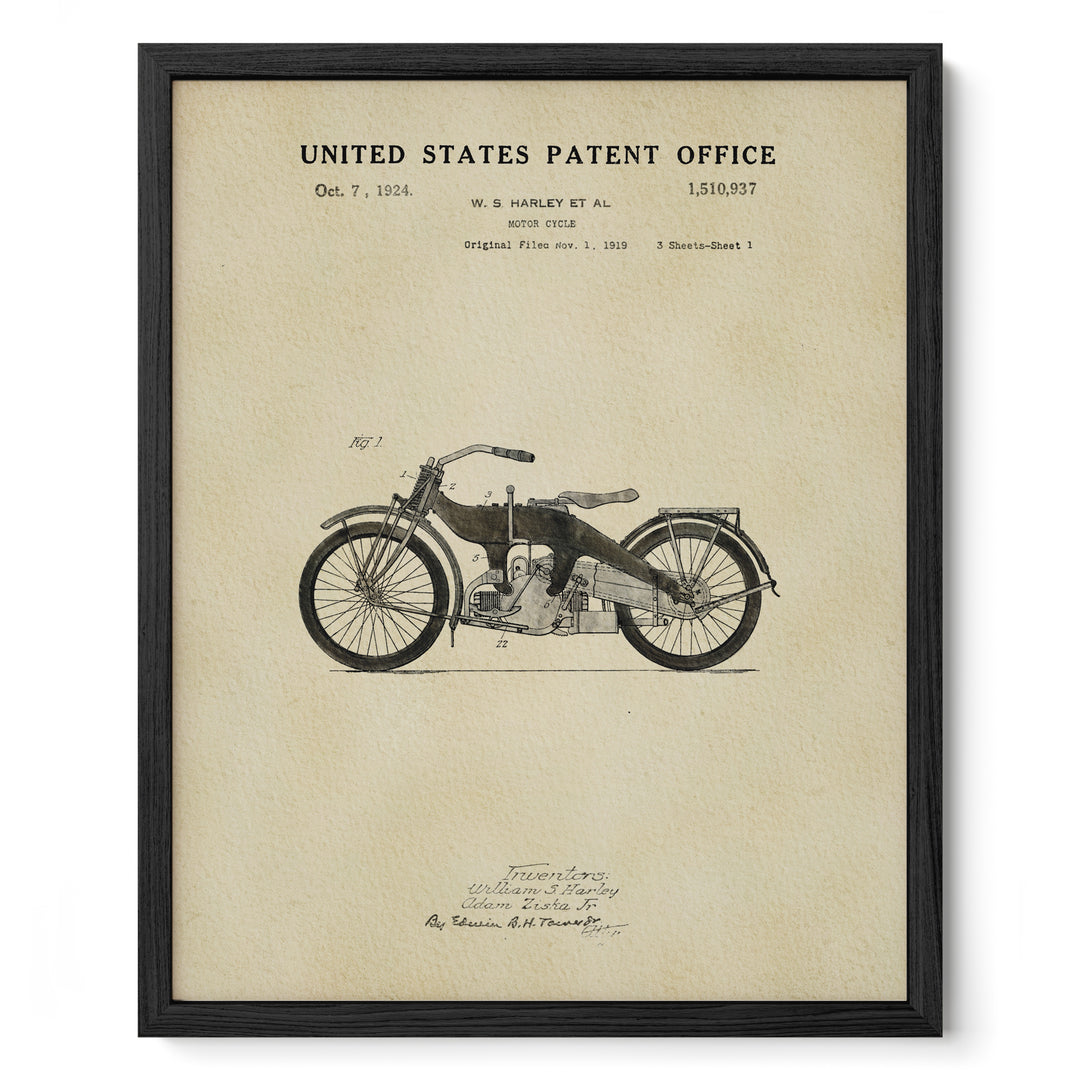 The image is a framed patent drawing of a motorcycle from the United States Patent Office dated October 7, 1924.