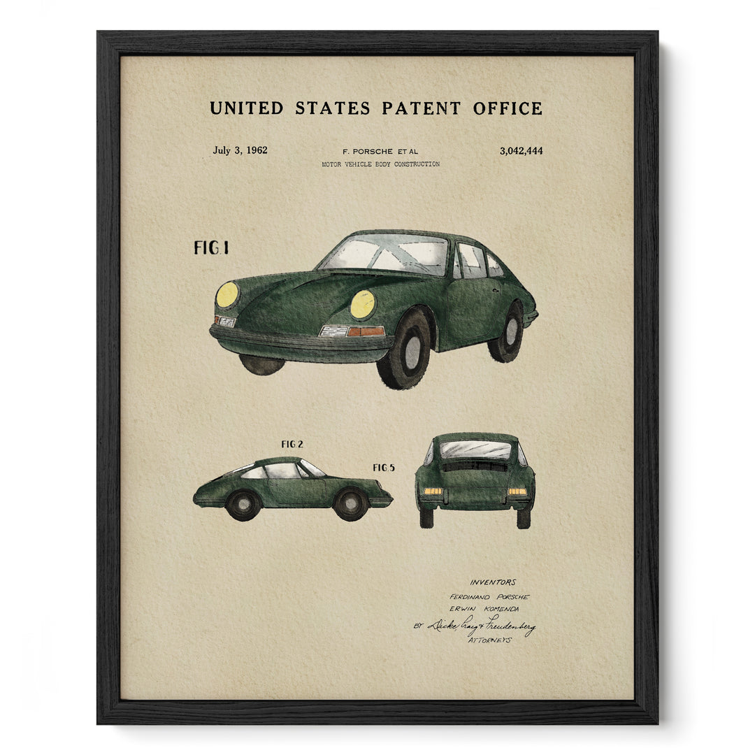 The image is a framed patent drawing of a green Porsche 911 car, depicting the car's design and features.