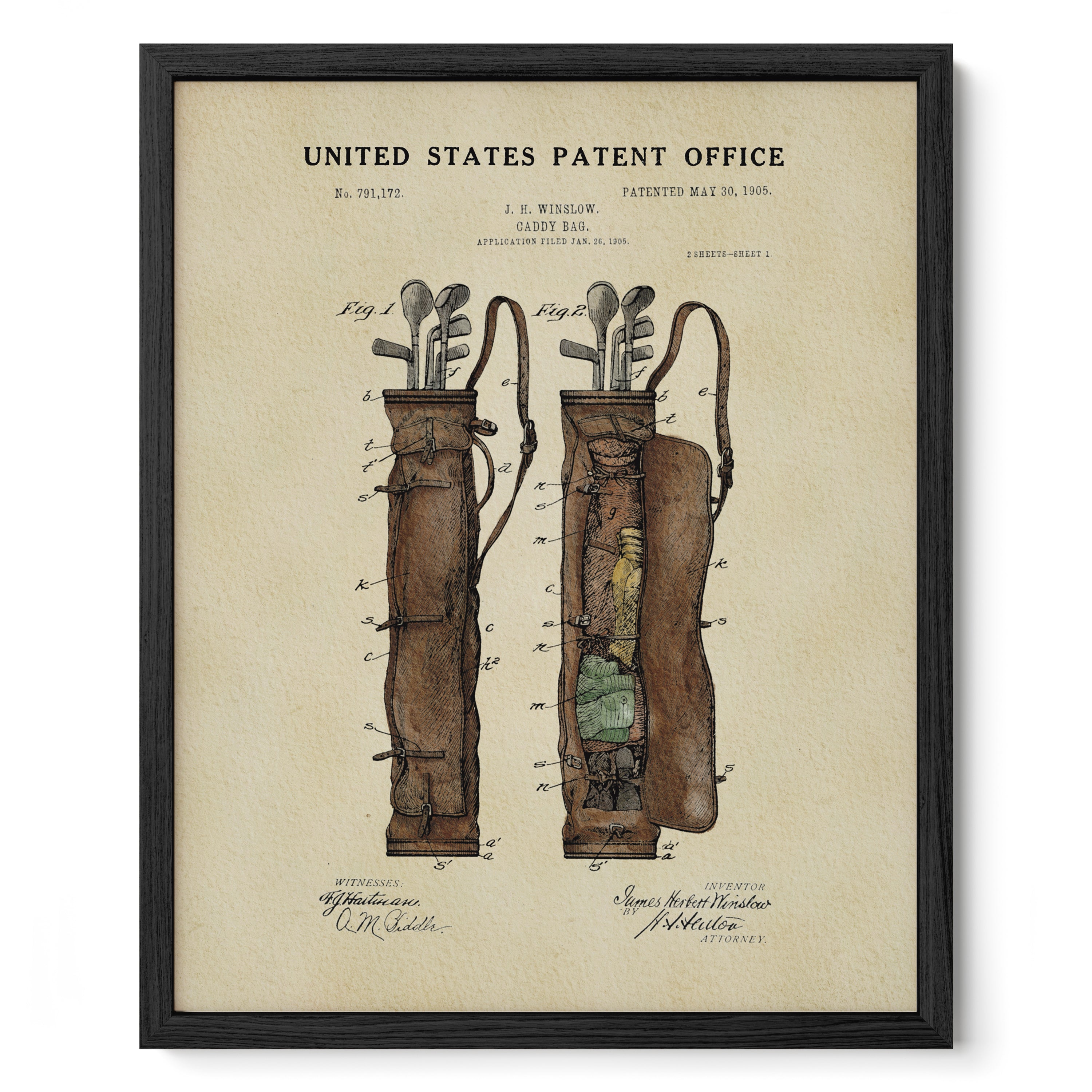 The image is a framed print depicting a patent drawing of a golf bag with a handle and a compartment for storing clubs.