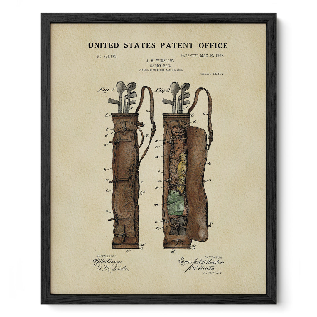 The image is a framed print depicting a patent drawing of a golf bag with a handle and a compartment for storing clubs.