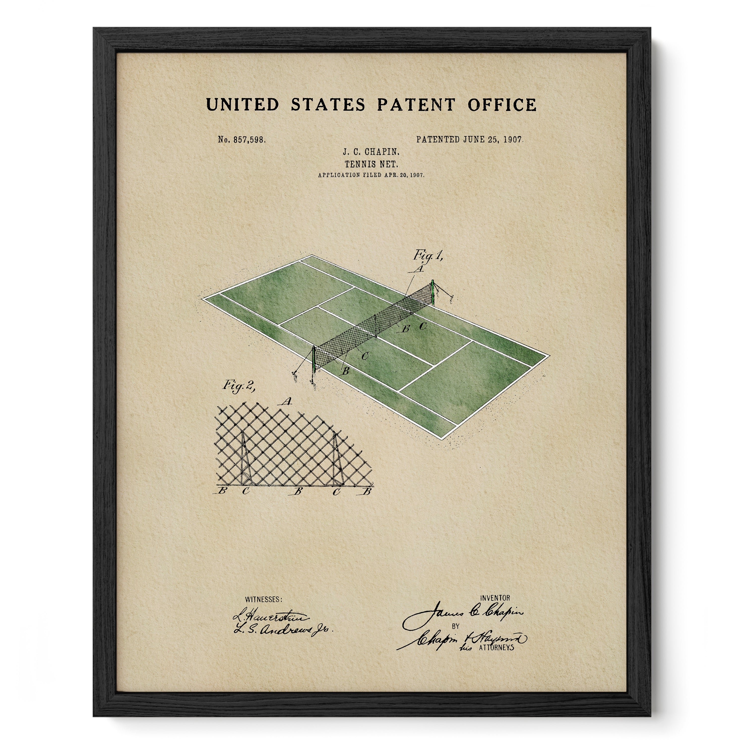 The image is a framed print depicting a tennis court with a patent from the United States Patent Office dated June 25, 1907.