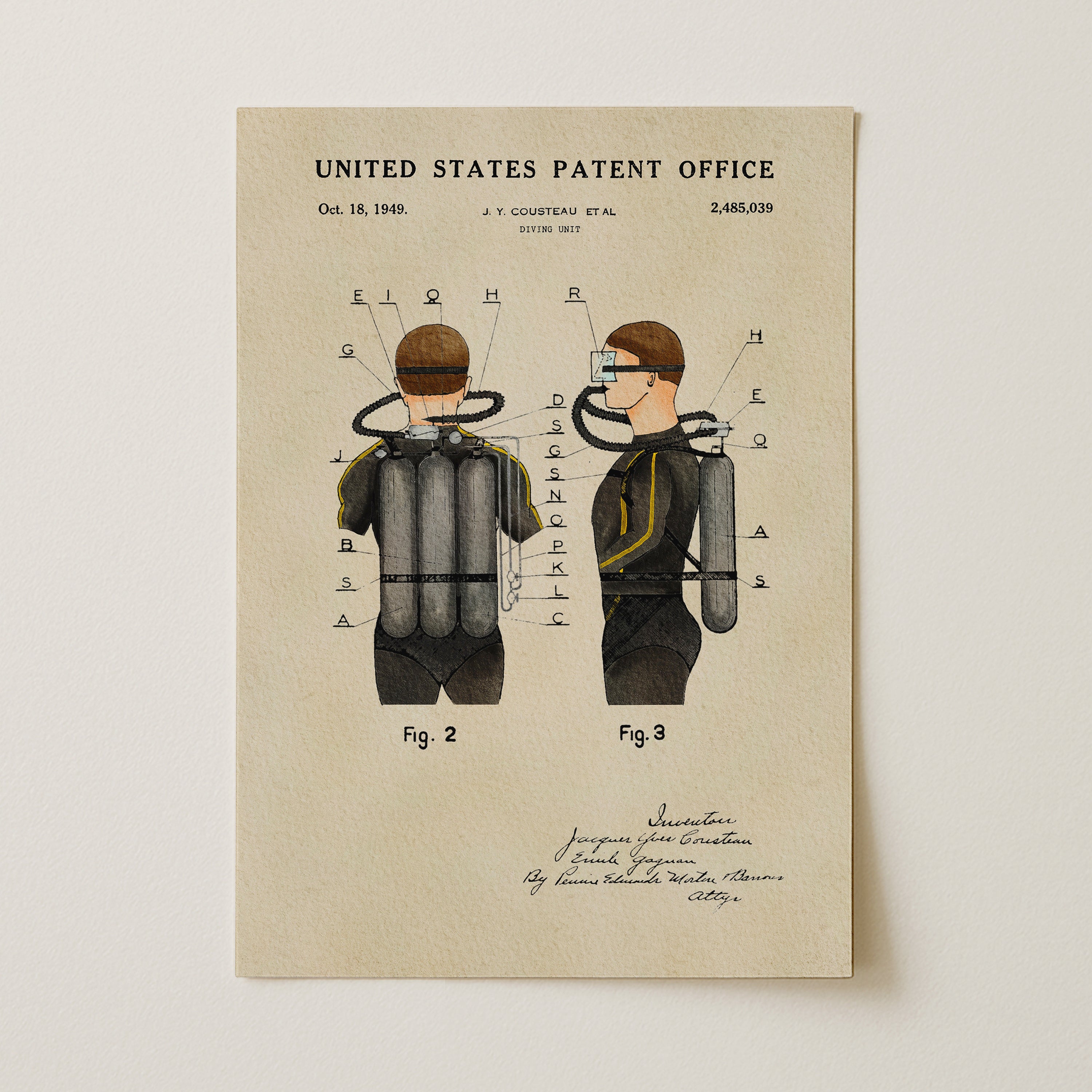 The image is a patent drawing depicting a diving suit with various components, including a helmet, a wetsuit, and a breathing apparatus.