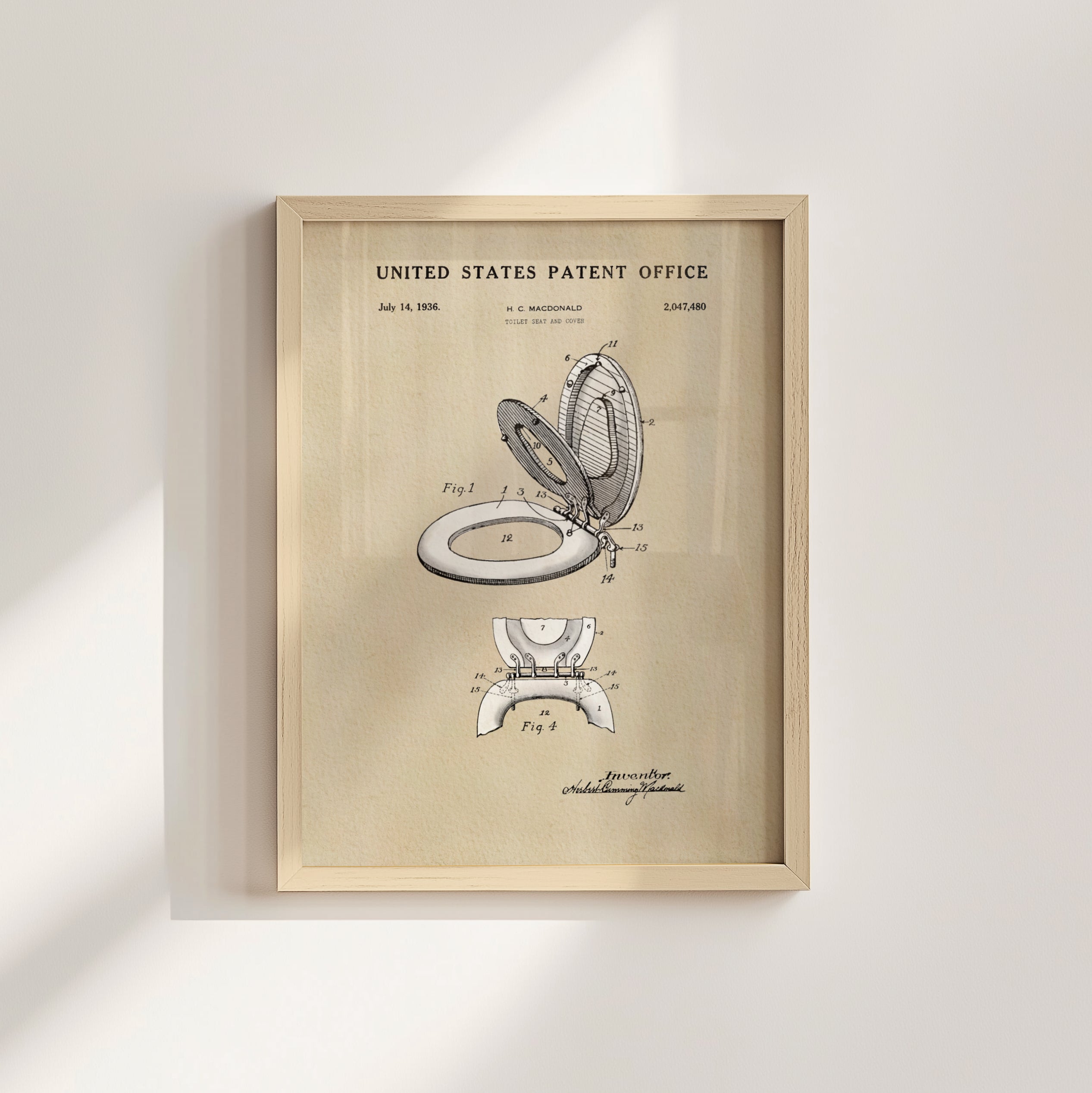 The image is a framed patent drawing of a toilet, depicting the design and features of the toilet in a technical drawing style.