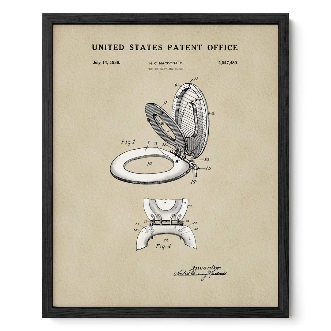 The image is a framed print of a United States patent from July 14, 1936, depicting a toilet seat with a diagram and technical drawings.