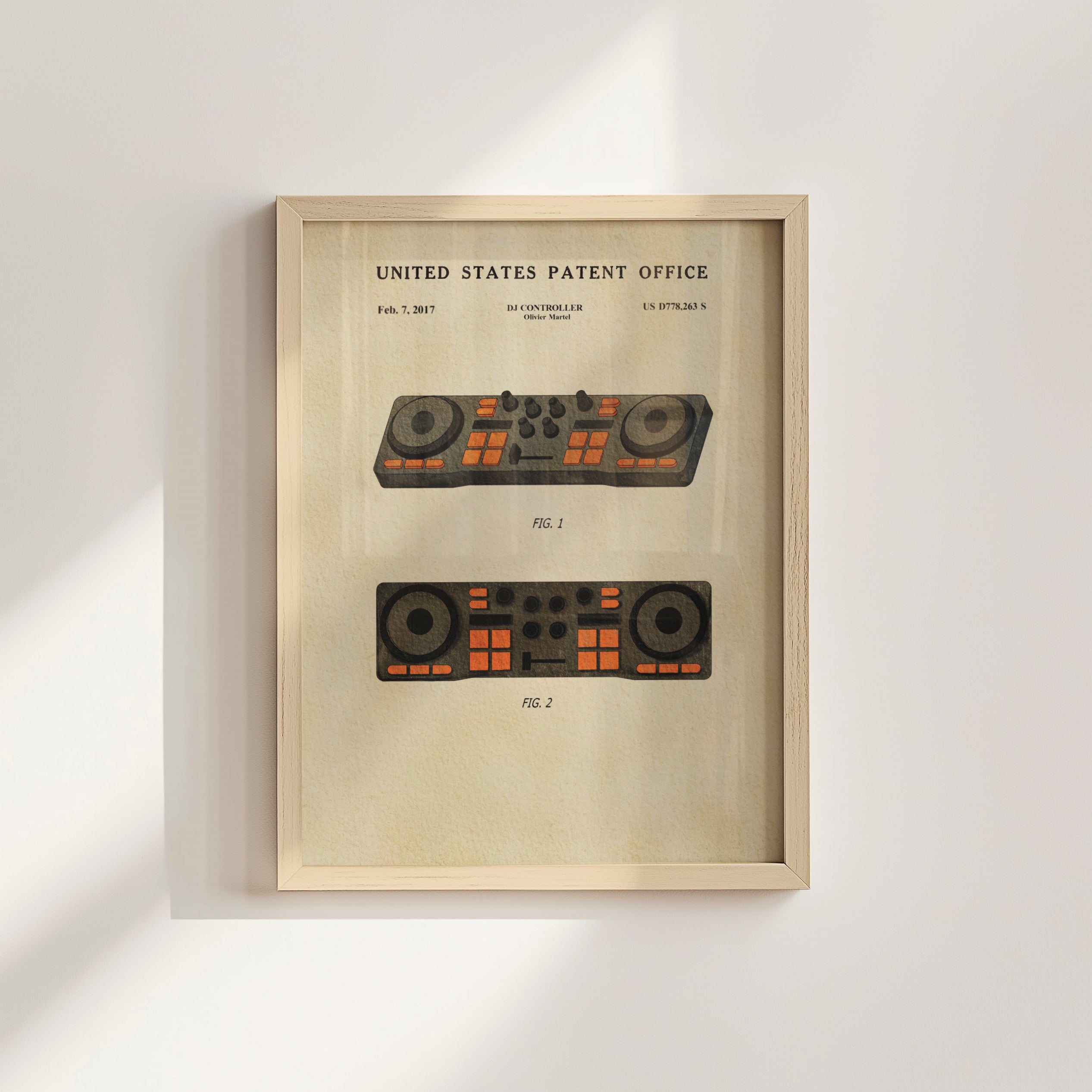 The image is a framed patent drawing depicting two DJ controllers, with the United States Patent Office's patent filing date and title visible.