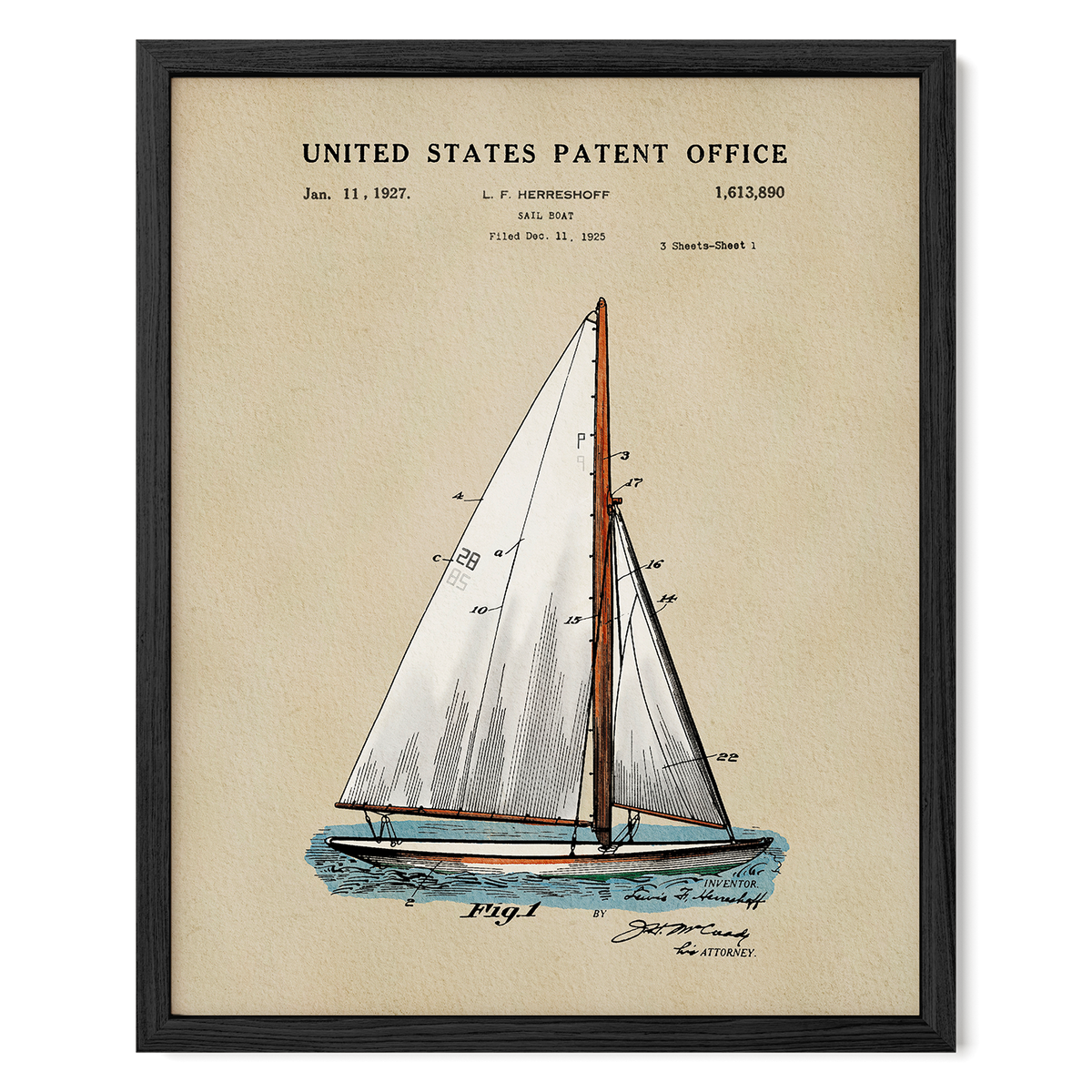A framed patent drawing of a sailboat from the United States, dated Jan. 11, 1927, with the patent number 1,813,900.