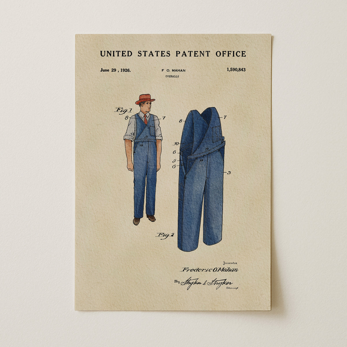 The image is a patent drawing from the United States Patent Office, depicting a man's overalls from June 29, 1926.
