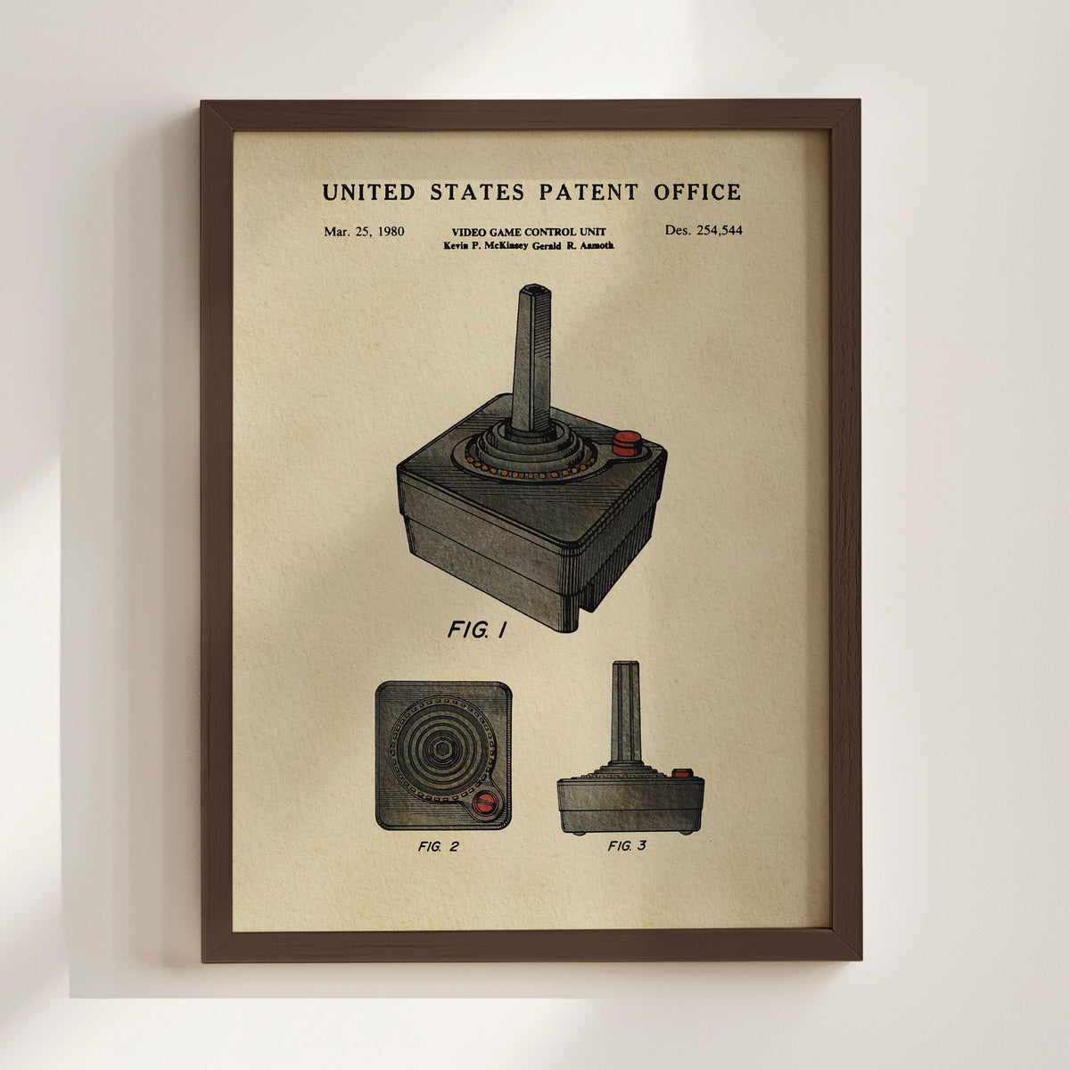 The image is a framed vintage video game controller patent drawing from the United States Patent Office, dated Mar. 25, 1980.