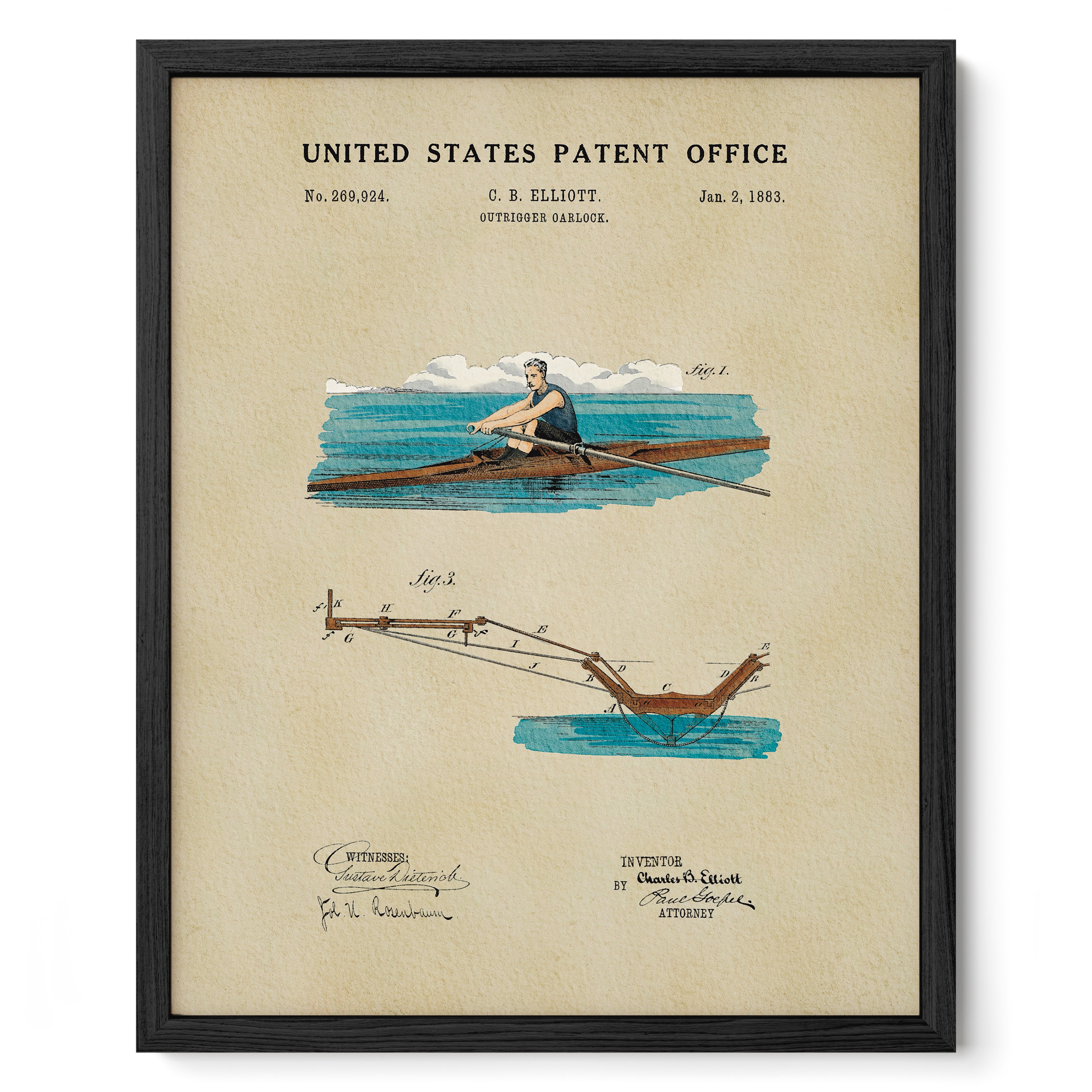 The image is a framed patent drawing depicting a rowing oar and a diagram of the rowing mechanism.