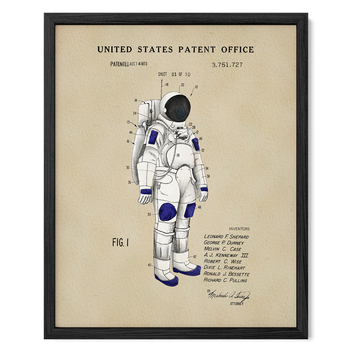 The image is a framed patent drawing depicting an astronaut's spacesuit, with various technical drawings and labels.