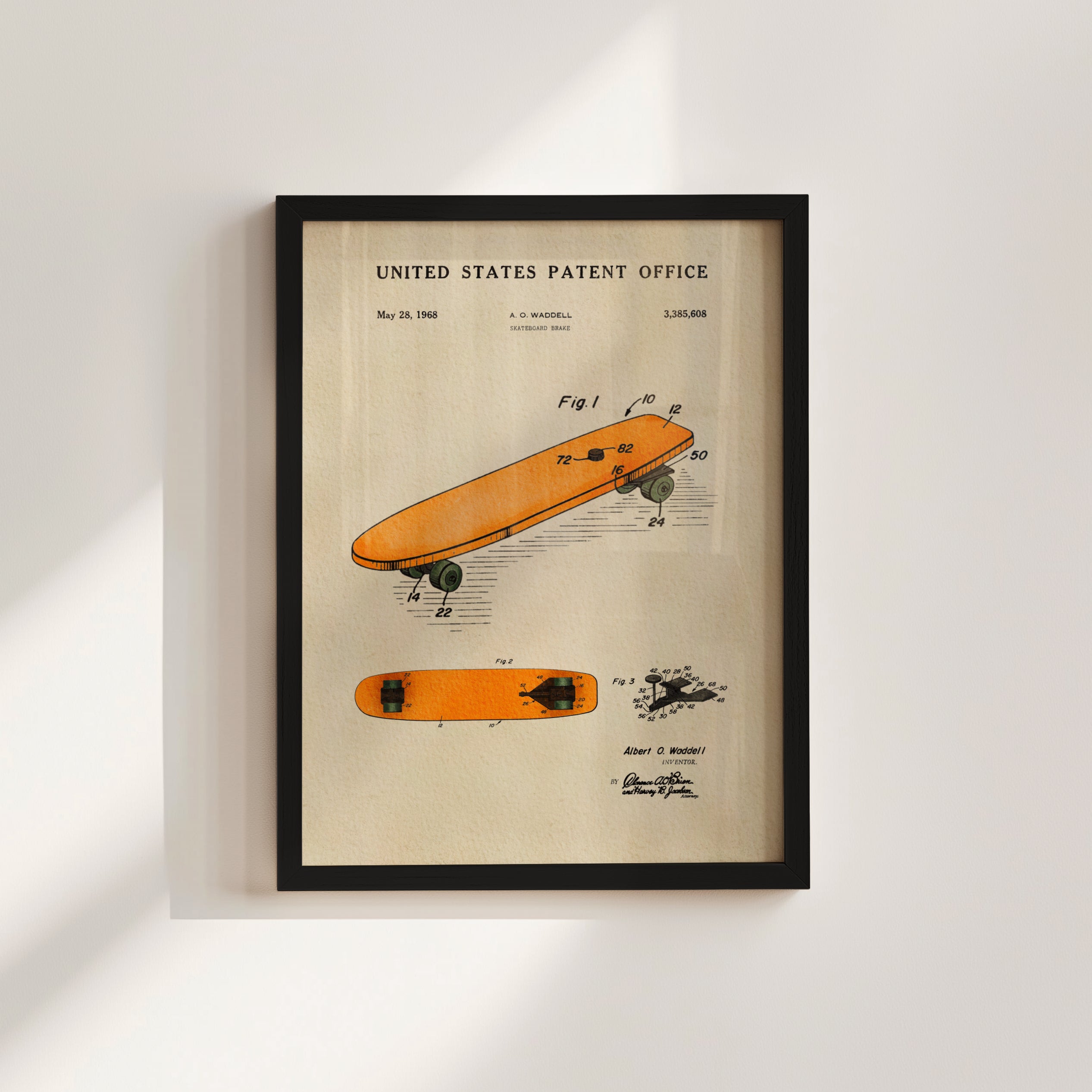 The image is a framed patent drawing of a skateboard from the United States Patent Office, dated May 26, 1968.