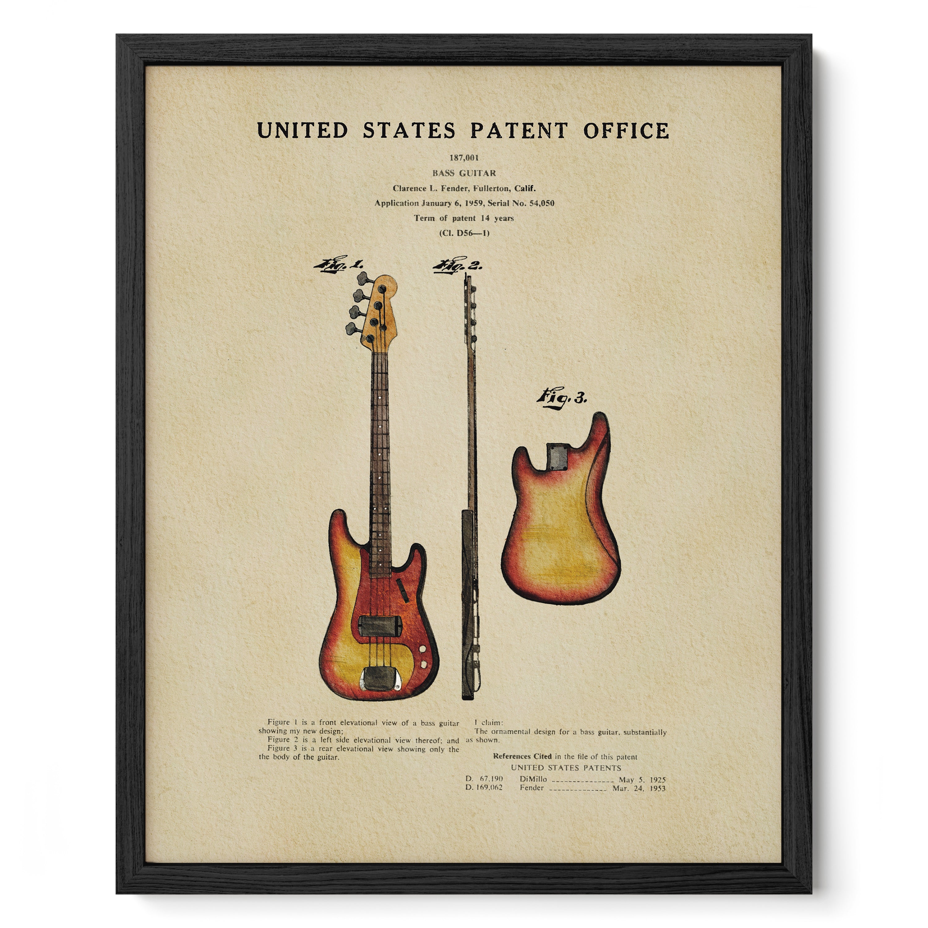 The image is a framed patent office poster featuring two guitars, one with a brown finish and the other with a yellow finish. The poster provides information about the invention and its patent application, including the title "United States Patent Office" and the year "1877".