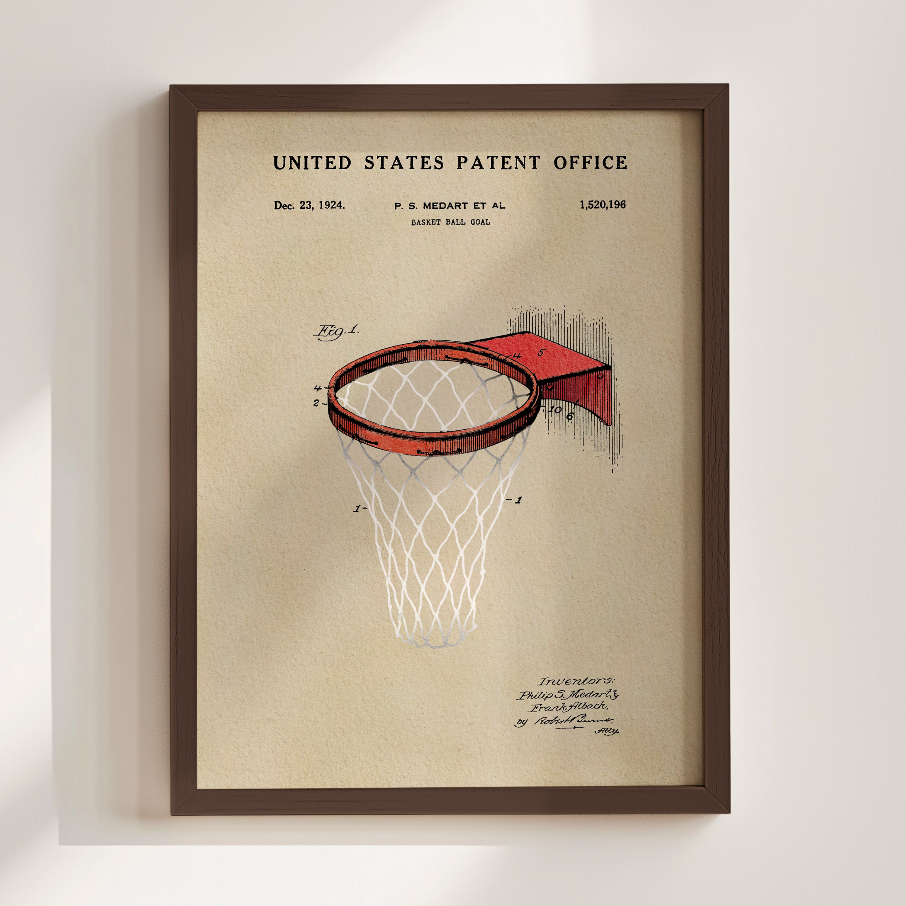 The image is a framed patent drawing of a basketball hoop, depicting the net and the basket.