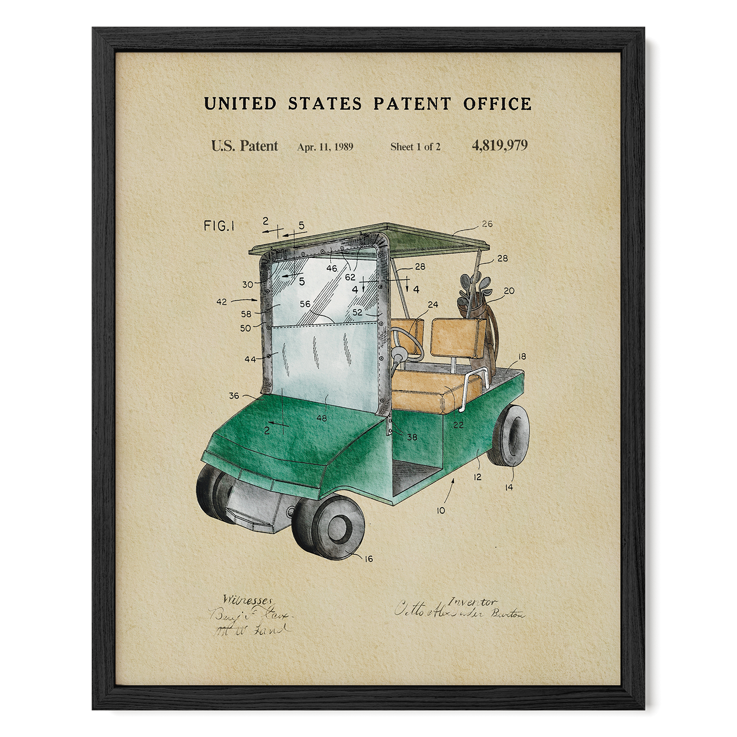 The image is a framed patent drawing of a golf cart, depicting its design and features.