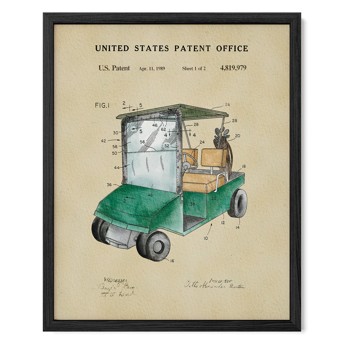 The image is a framed patent drawing of a golf cart, depicting its design and features.