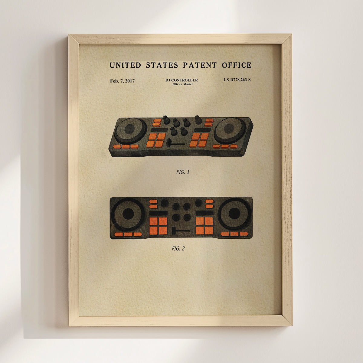 The image is a framed print of a United States patent office patent from February 7, 2017, titled "DIRECT VEHICLE CONTROL SYSTEM". The print features two diagrams of a control system, one labeled "FIG. 1" and the other "FIG. 2".
