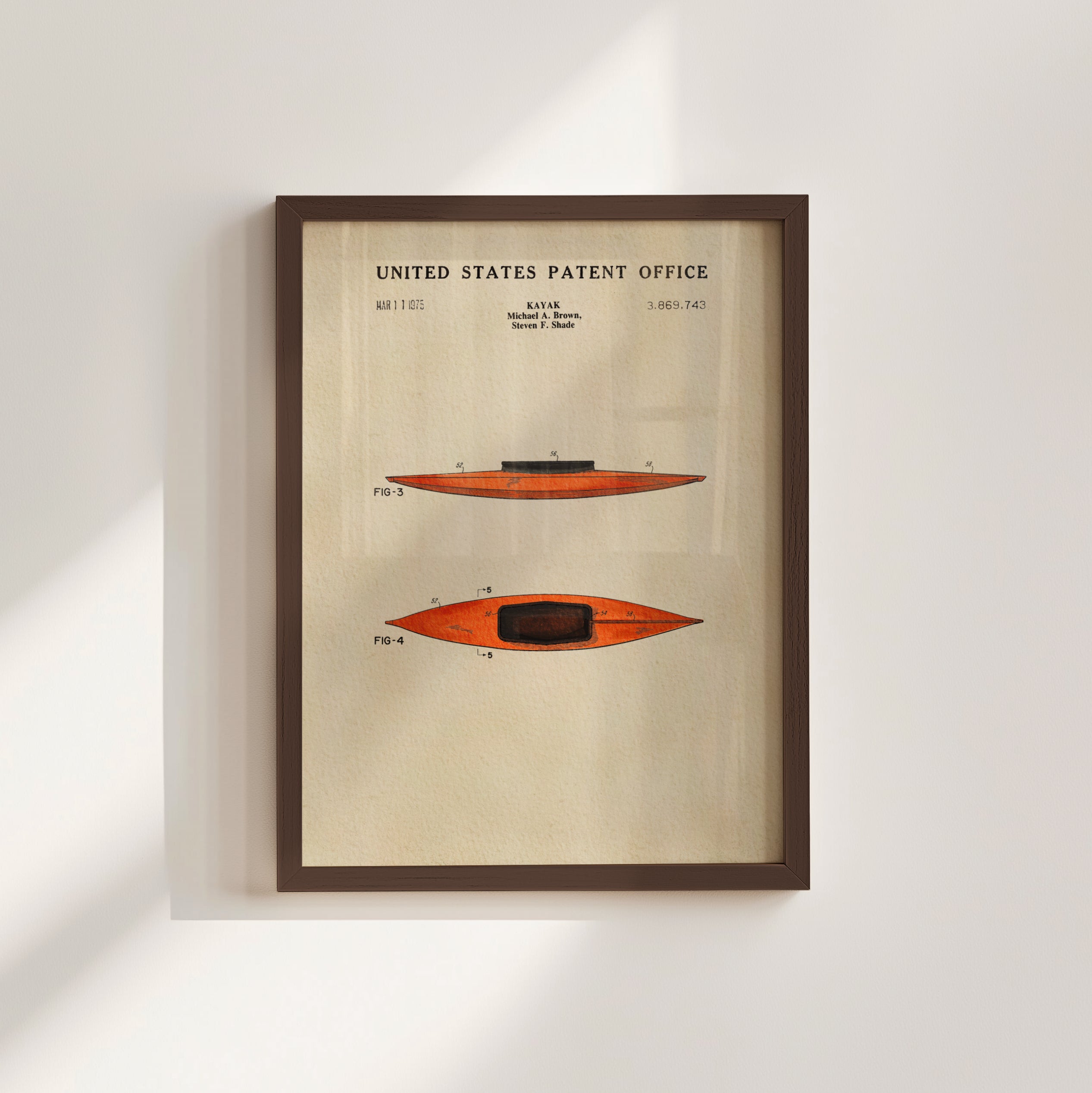 The image is a framed print of a patent drawing of a kayak, depicting two different designs of the kayak.