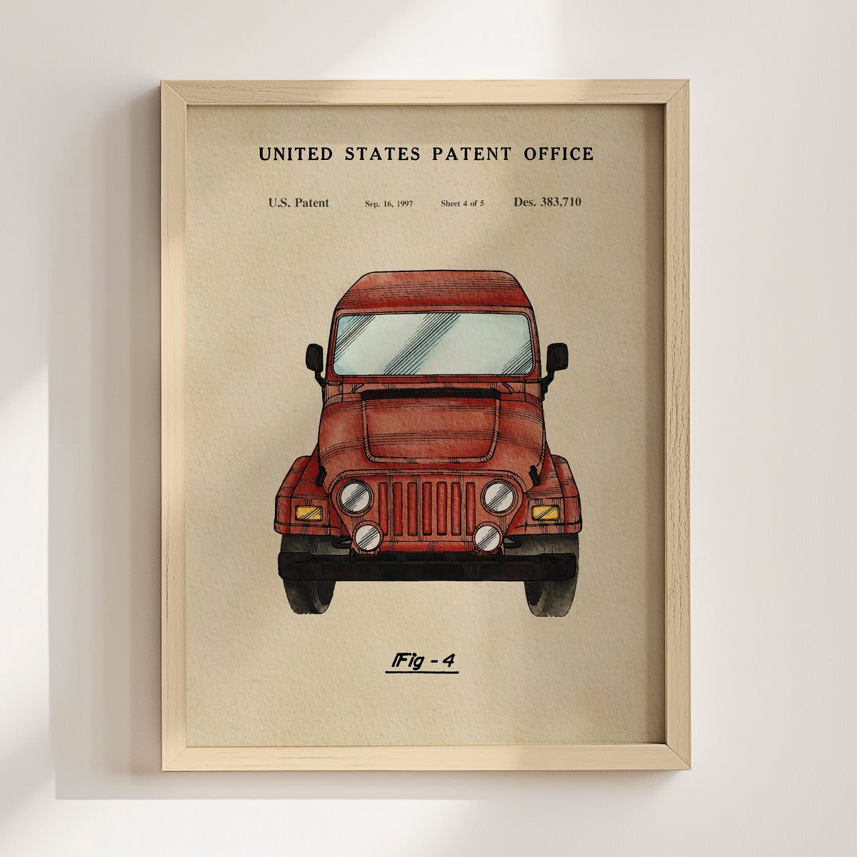 The image is a framed print of a red jeep, depicting a vehicle patent from the United States.