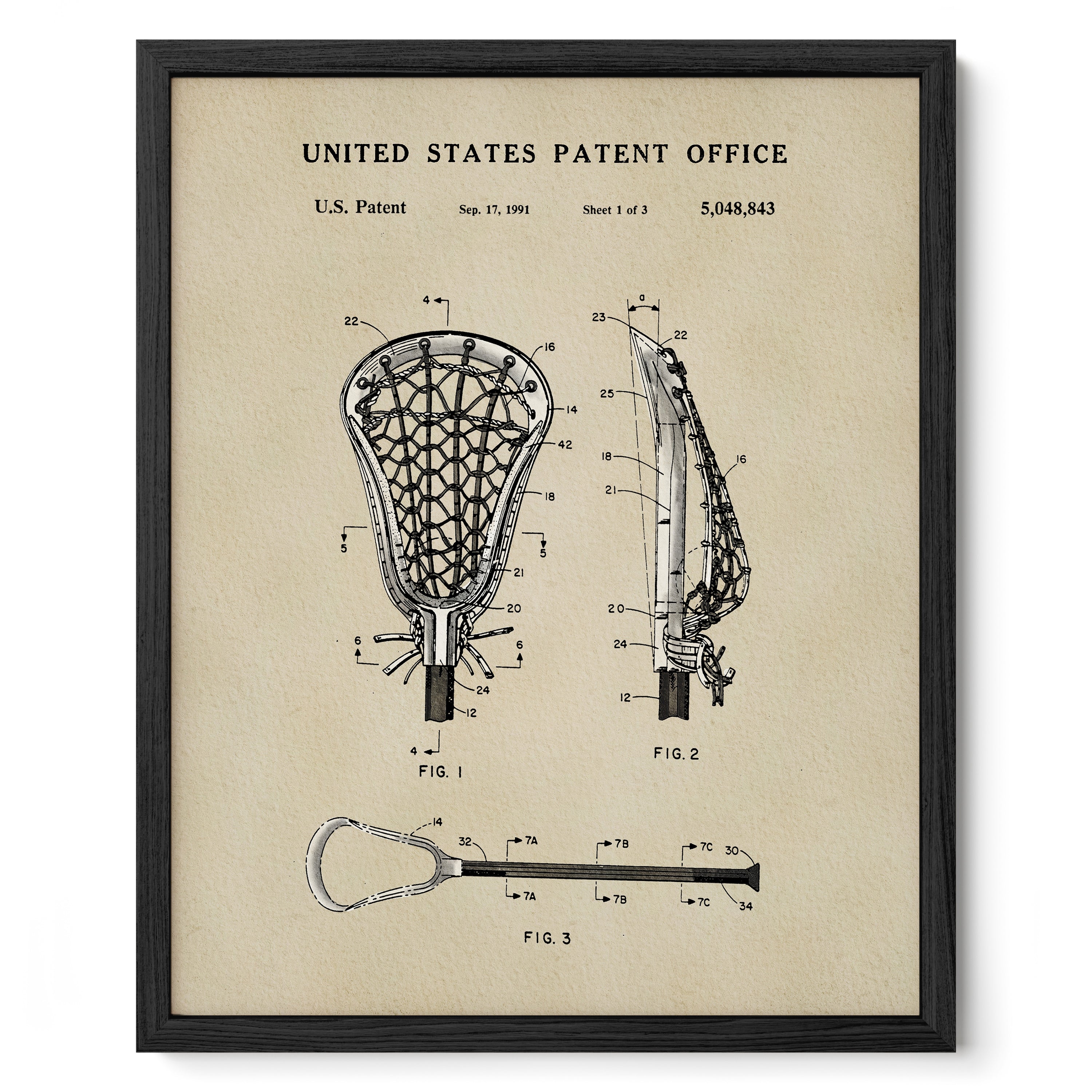 The image is a framed patent drawing of a lacrosse net, depicting the net and its components in a detailed manner.