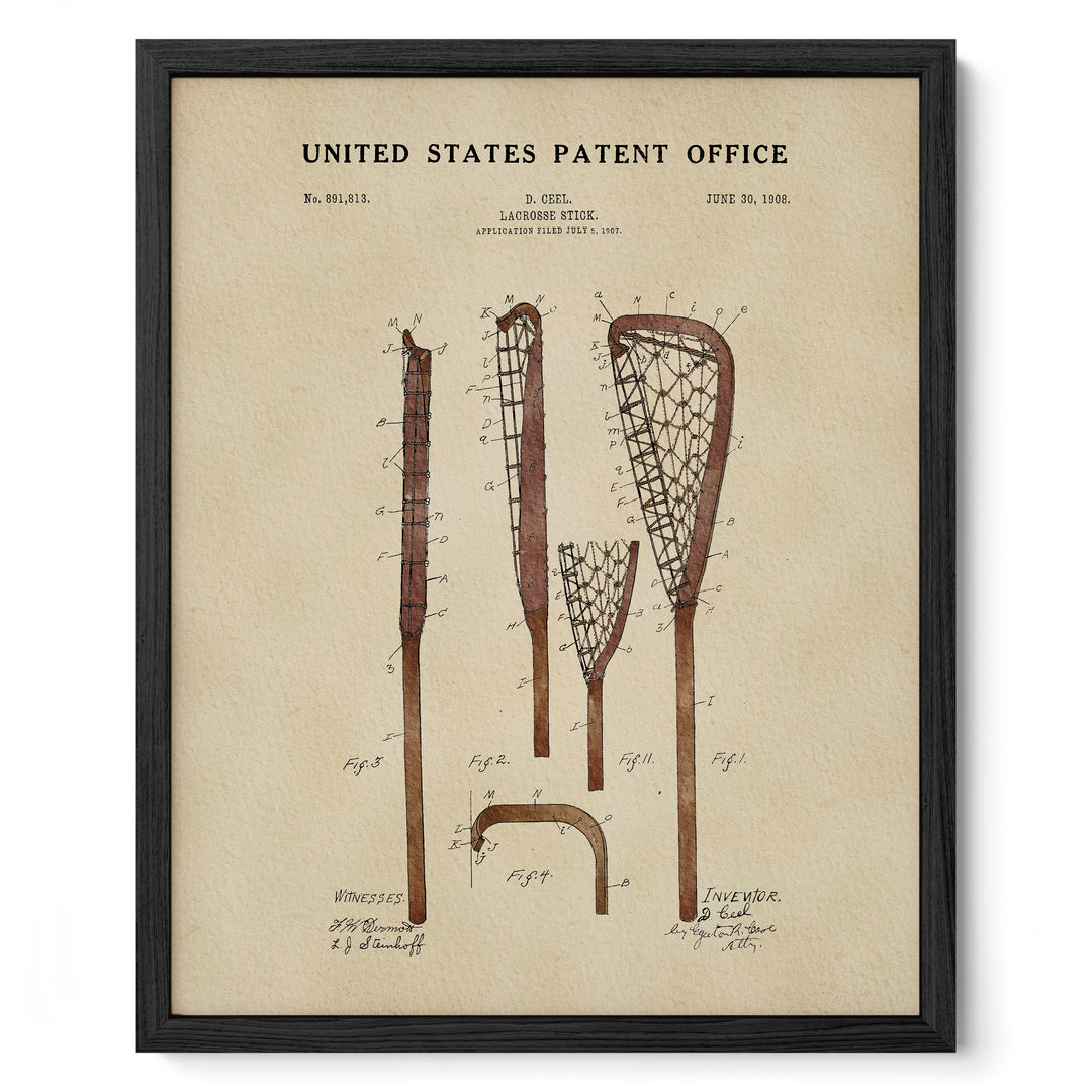 The image is a framed print depicting a lacrosse stick with various technical drawings and labels, including the United States Patent Office.