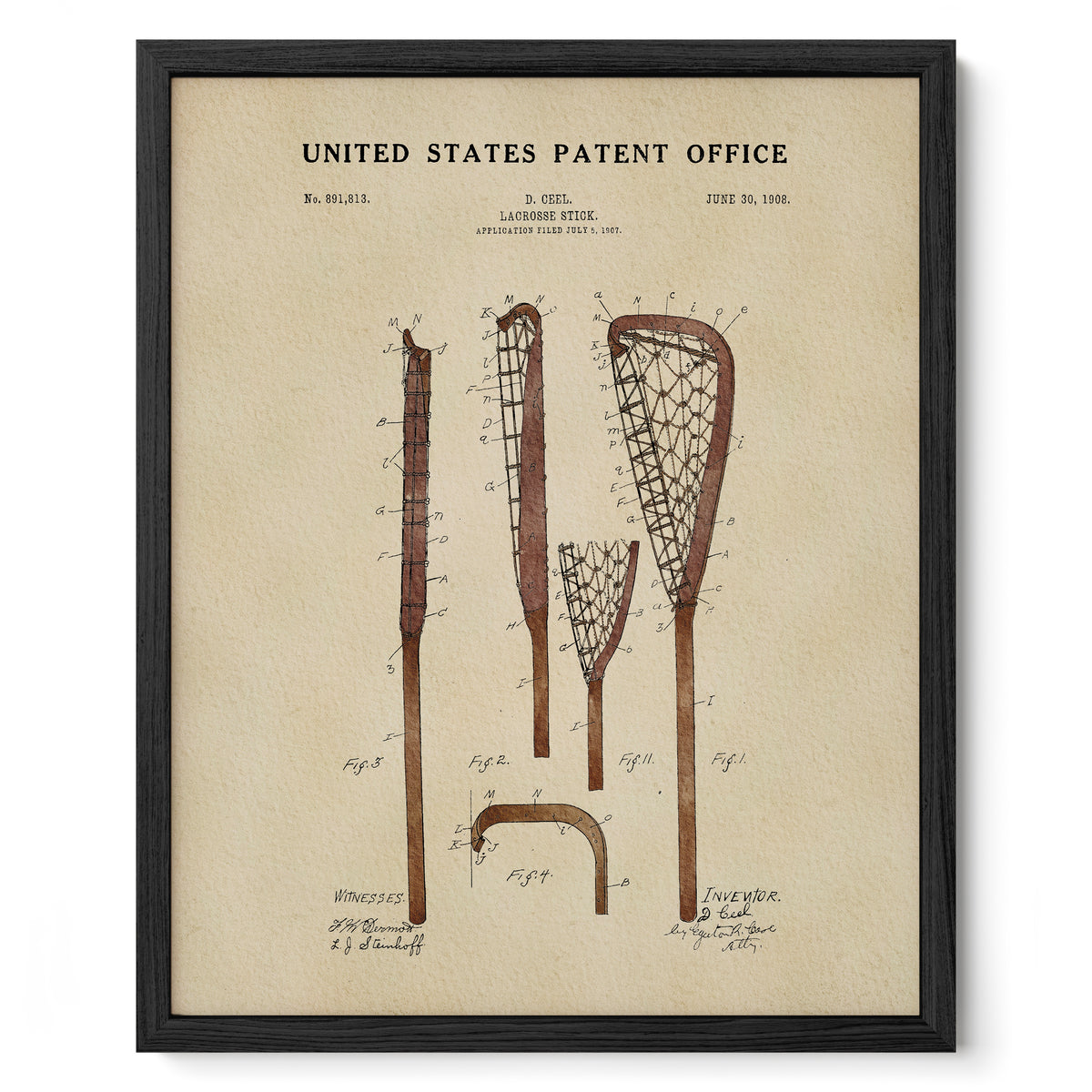 The image is a framed print depicting a lacrosse stick with various technical drawings and labels, including the United States Patent Office.