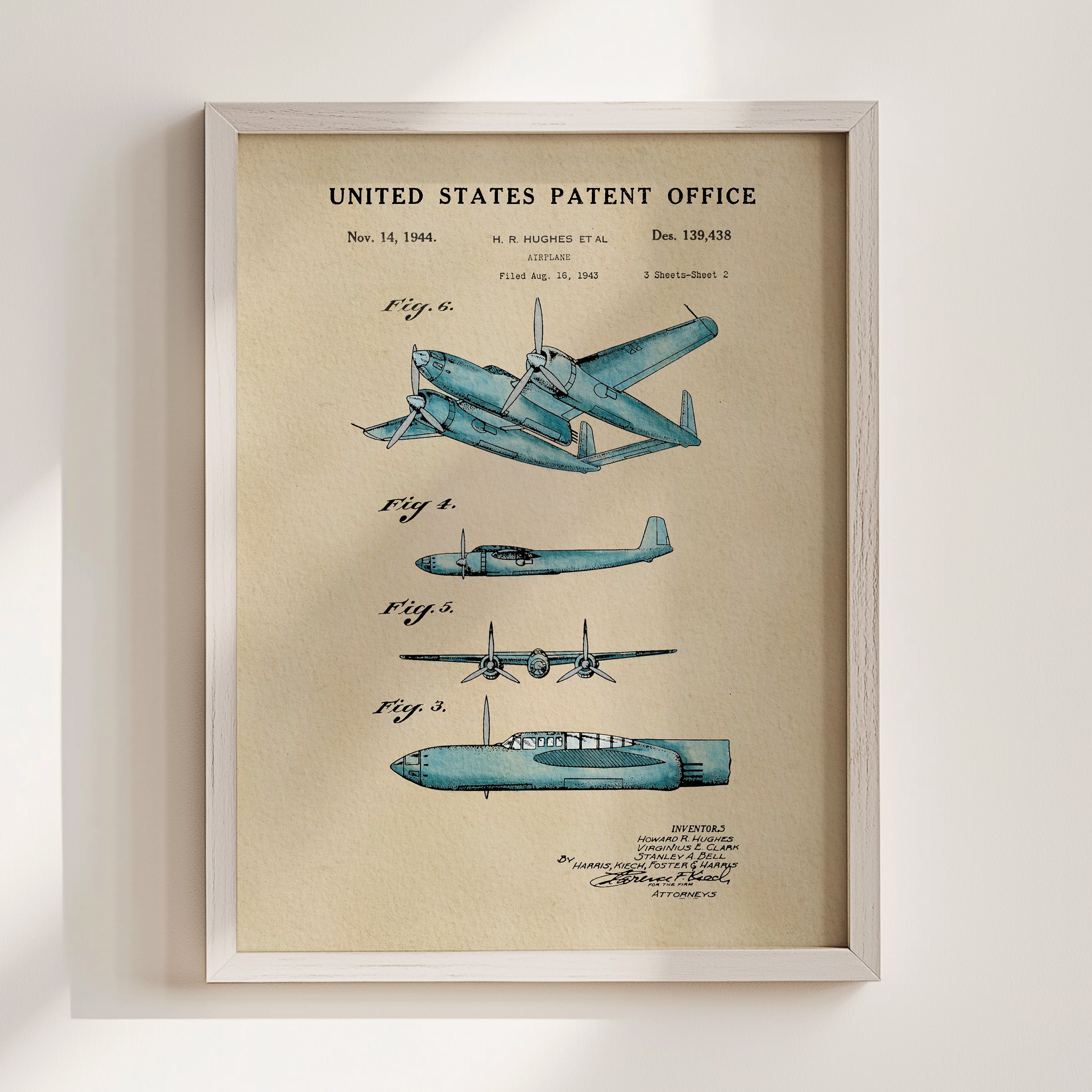 The image is a framed vintage patent drawing of a blue airplane, depicting the design and features of the aircraft.